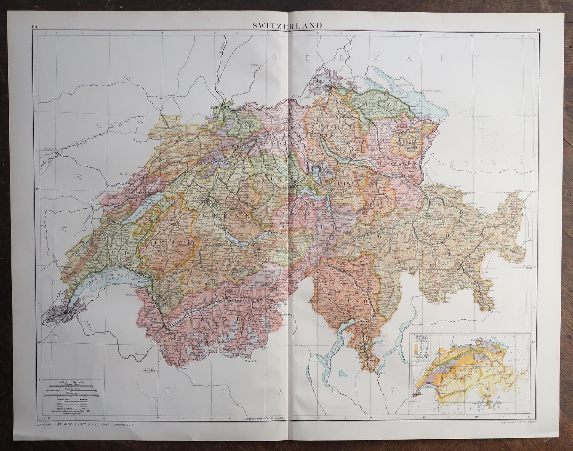 Altro Grande mappa originale della Svizzera, circa 1920 in vendita