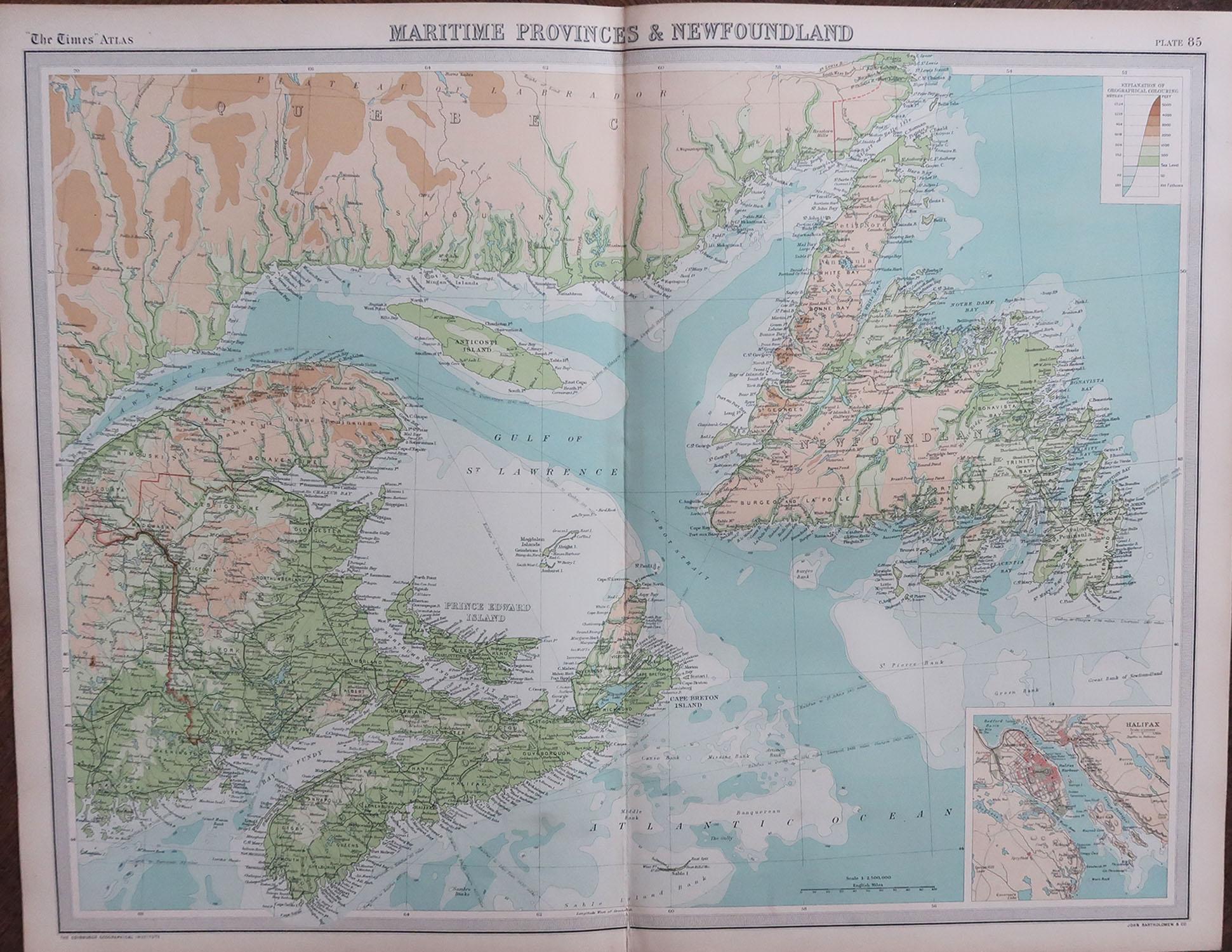 Great map of The Maritime provinces

Unframed

Original color

By John Bartholomew and Co. Edinburgh Geographical Institute

Published, circa 1920

Free shipping.
 