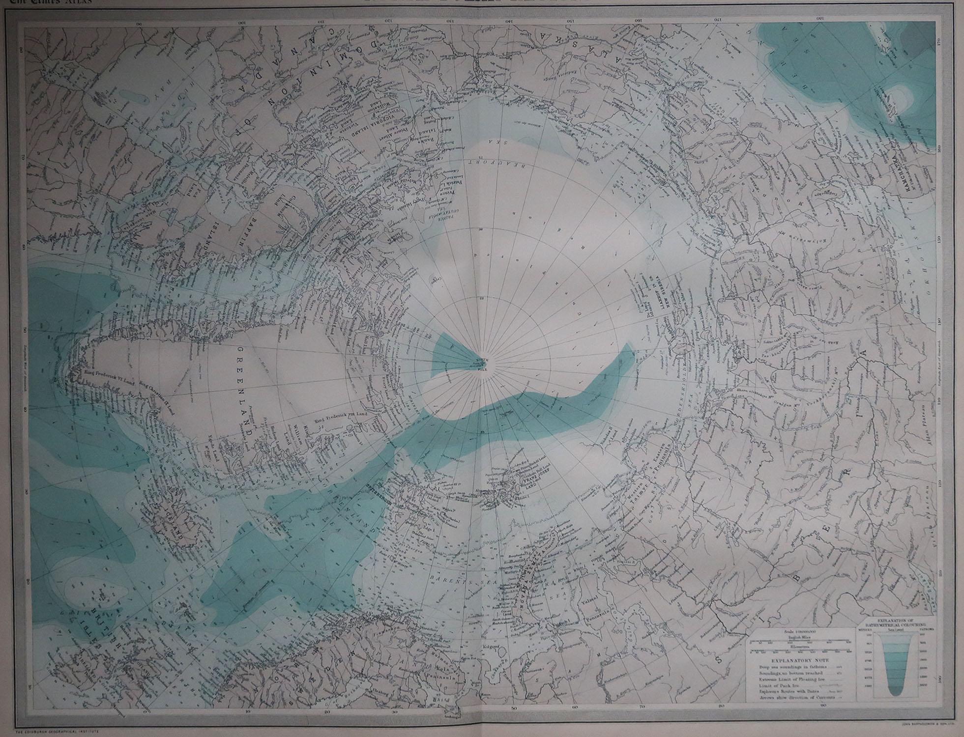 Great maps of The North Pole.

Unframed.

Original color.

By John Bartholomew and Co. Edinburgh Geographical Institute.

Published, circa 1920.

Free shipping.
 
