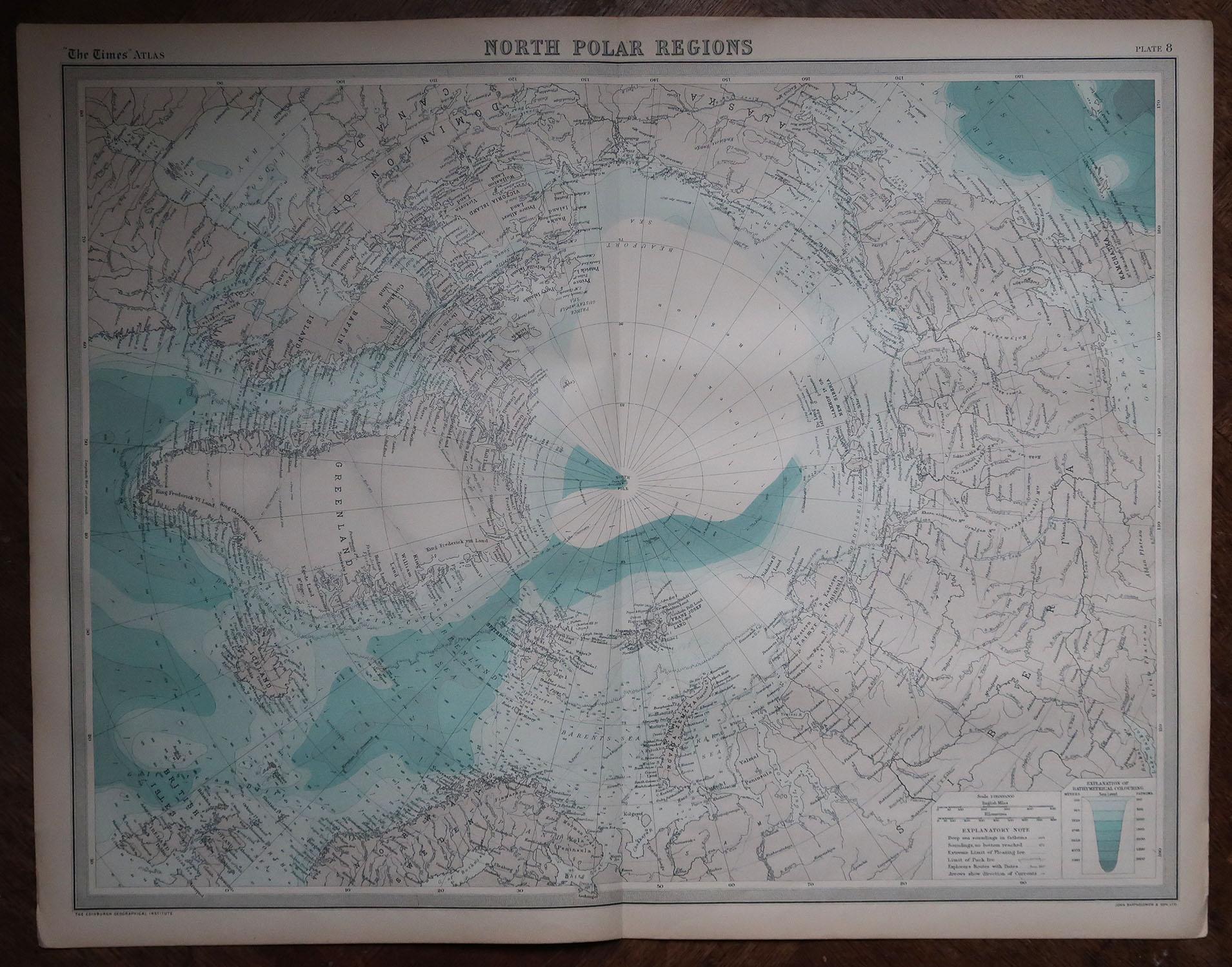 British Large Original Vintage Map of The North Pole, circa 1920 For Sale