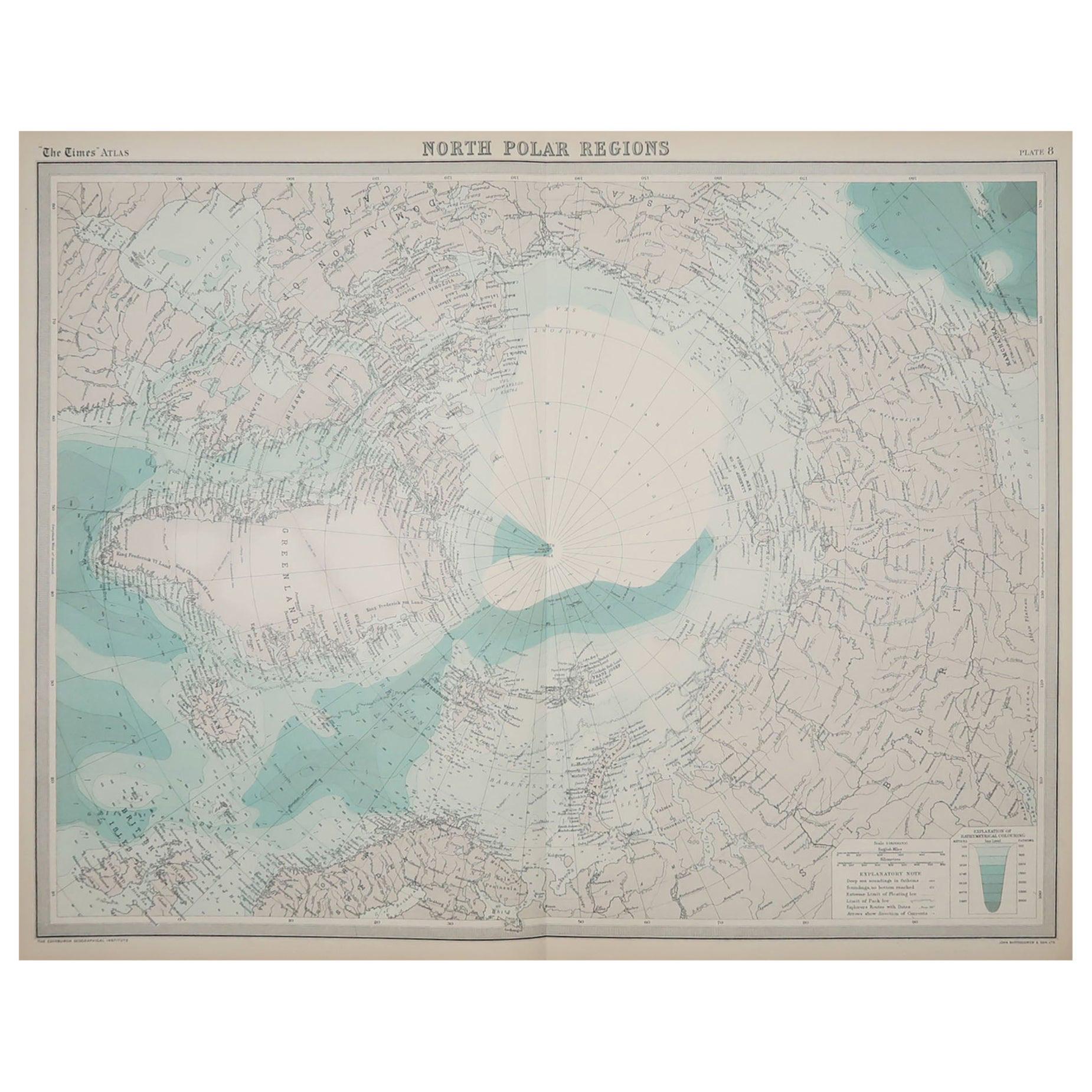 Large Original Vintage Map of The North Pole, circa 1920
