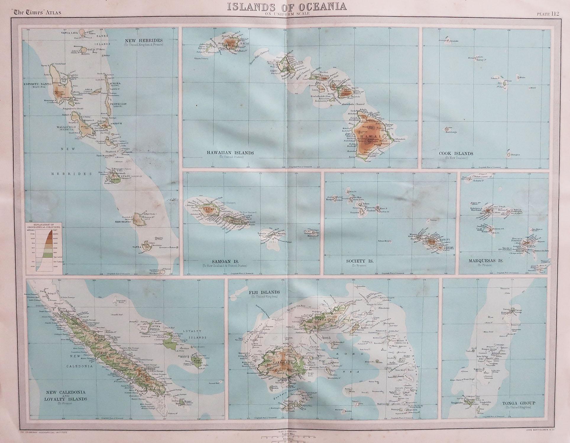 Great map of The Pacific Islands

Unframed

Original color

By John Bartholomew and Co. Edinburgh Geographical Institute

Published, circa 1920

Free shipping.
 