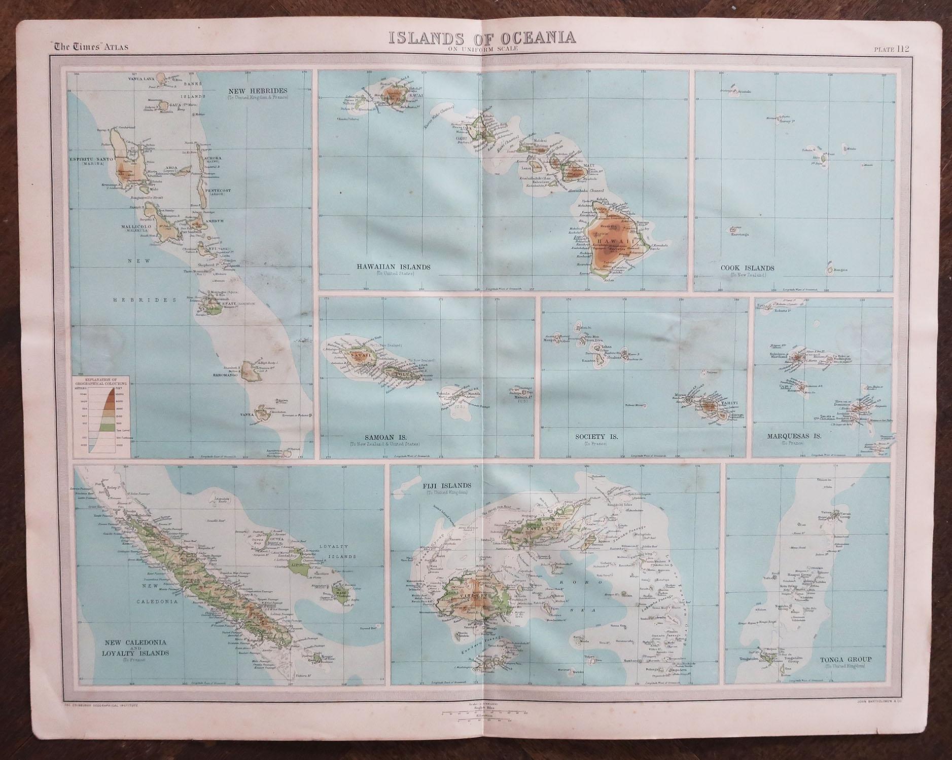 Britannique Grande carte originale des îles du Pacifique, y compris Hawaï en vente