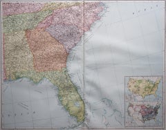 Large Original Vintage Map of the South Eastern States Inc. Florida, circa 1920