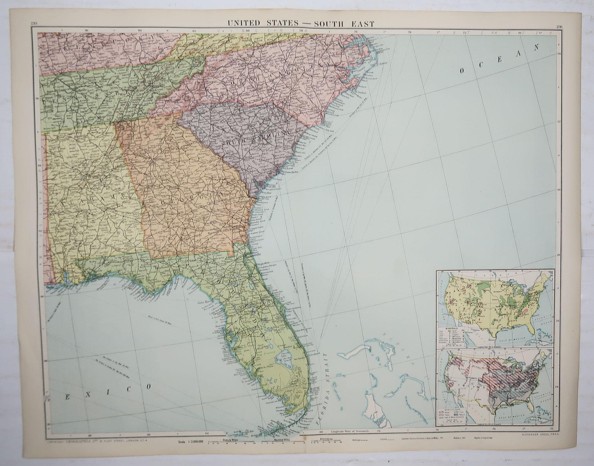 English Large Original Vintage Map of the South Eastern States Inc. Florida, circa 1920