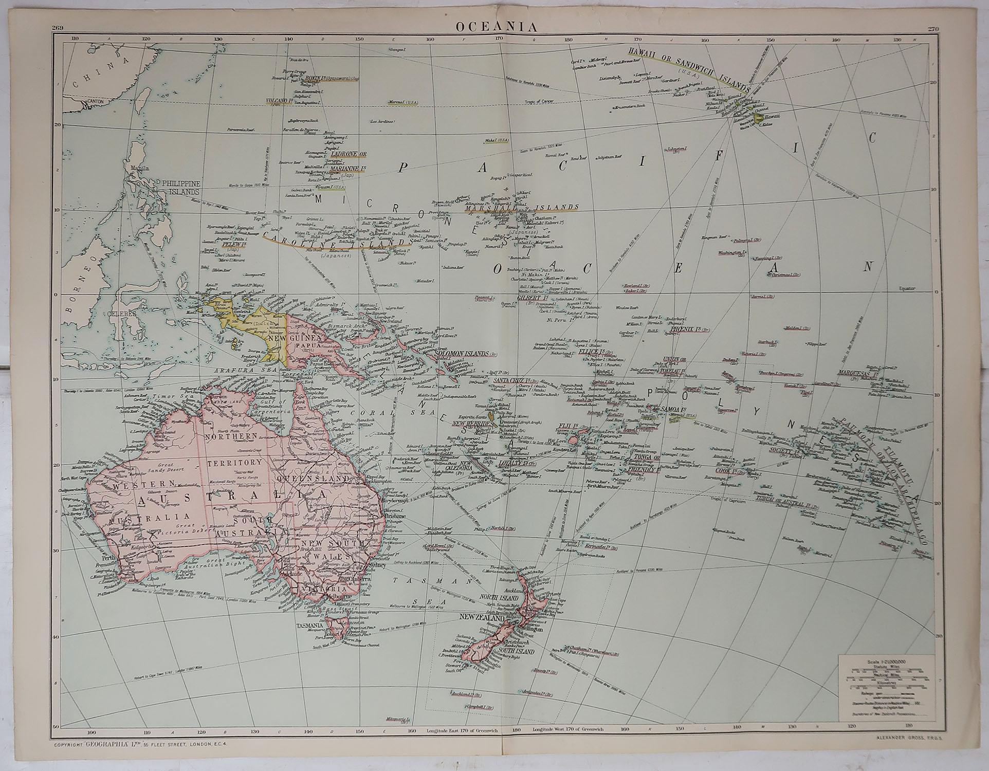 English Large Original Vintage Map of The South Pacific, circa 1920