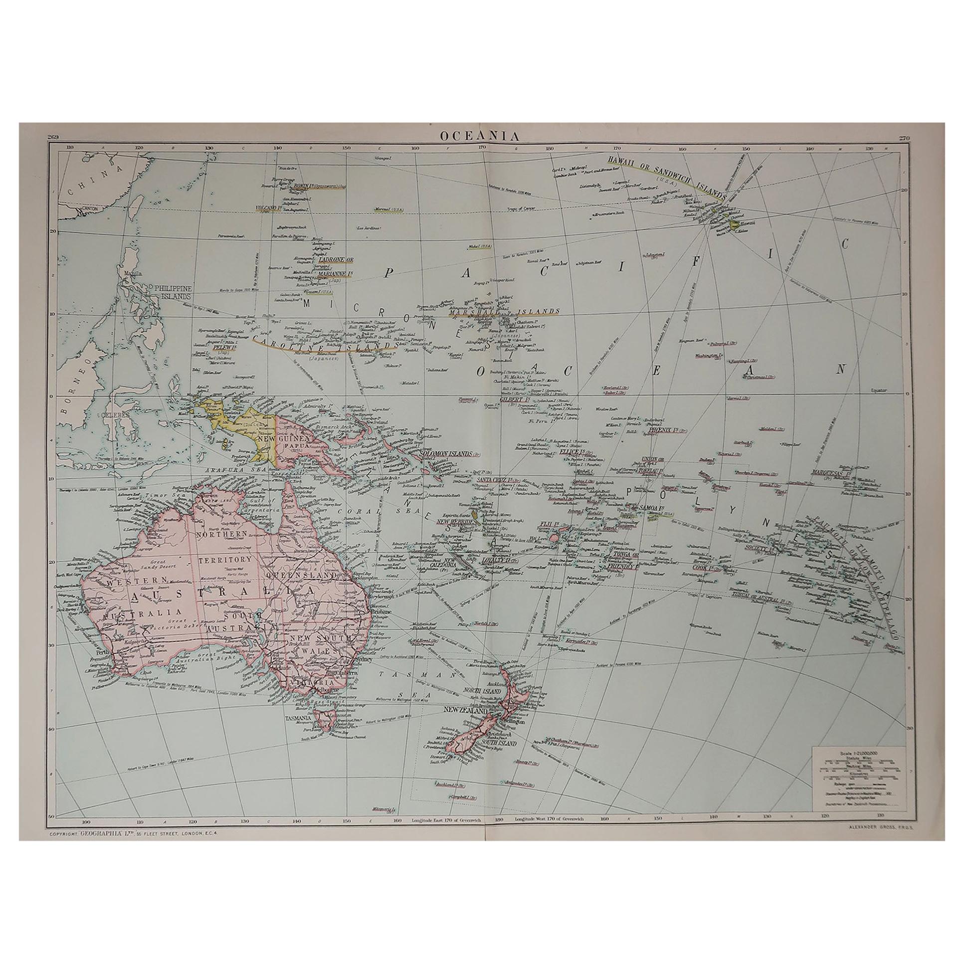 Large Original Vintage Map of The South Pacific, circa 1920