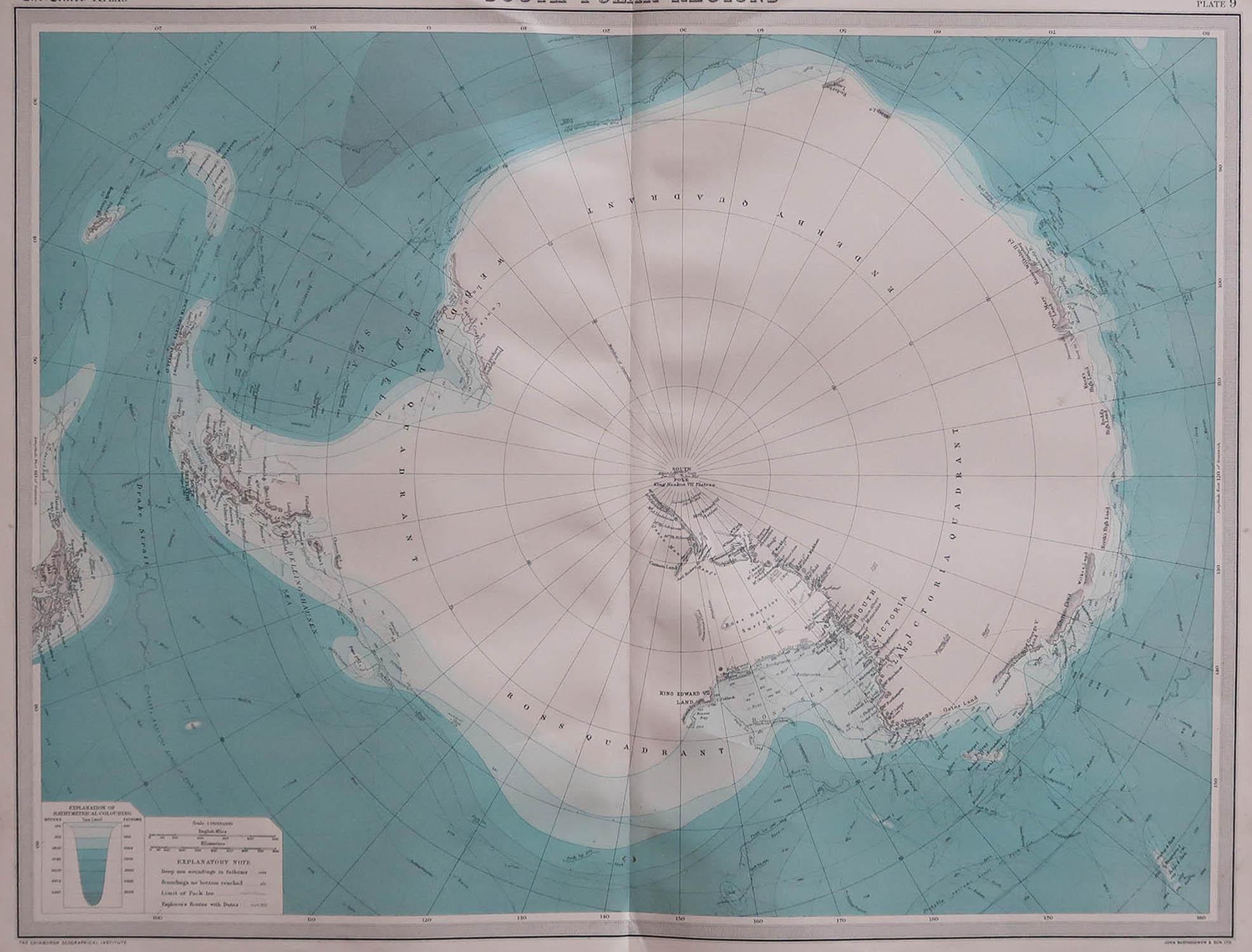 Great map of the South pole.

Unframed.

Original color.

By John Bartholomew and Co. Edinburgh Geographical Institute.

Published, circa 1920.

  