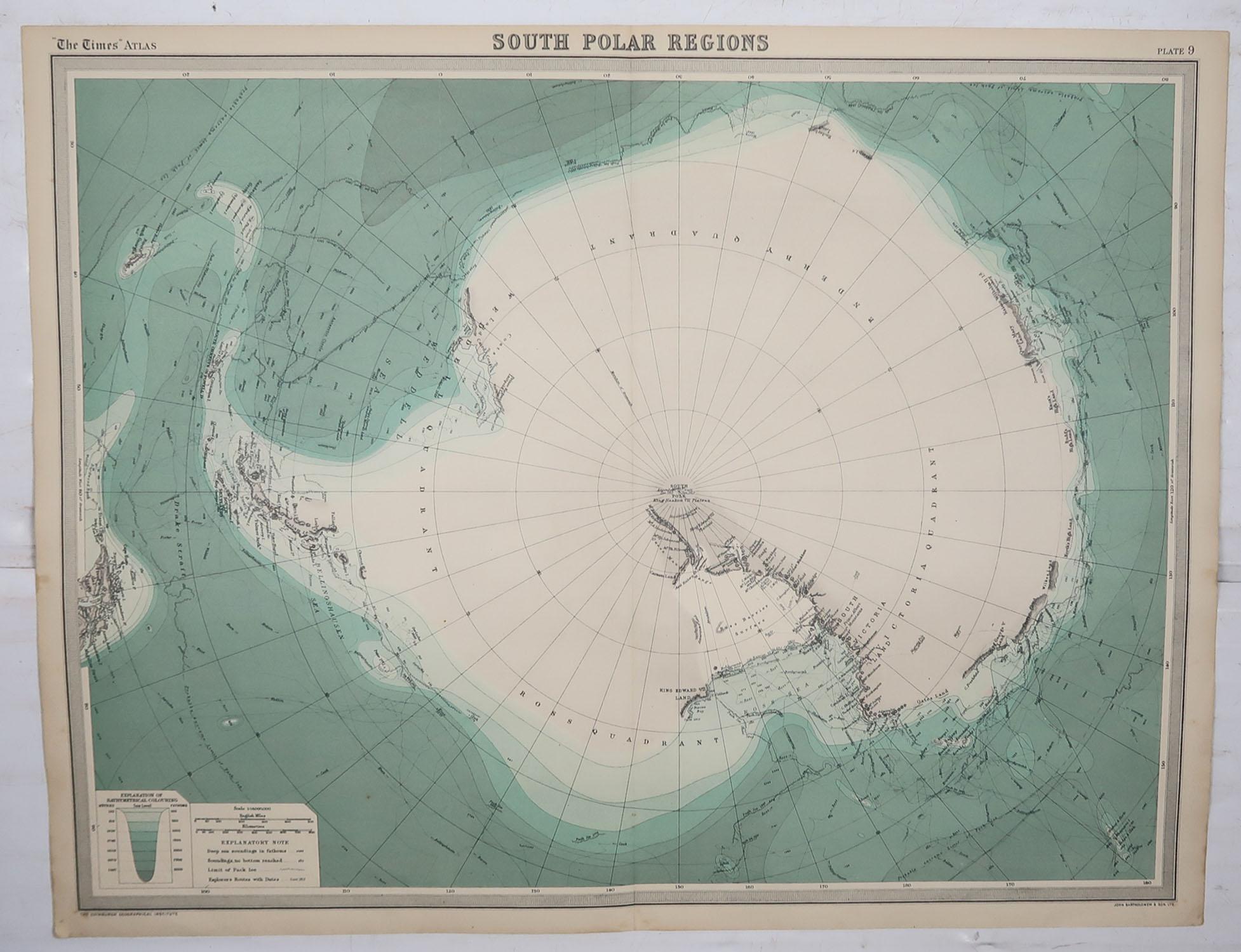 British Large Original Vintage Map of The South Pole, circa 1920