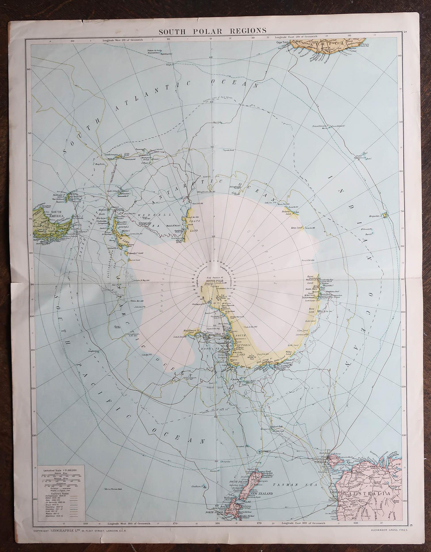 English Large Original Vintage Map of The South Pole, circa 1920 For Sale
