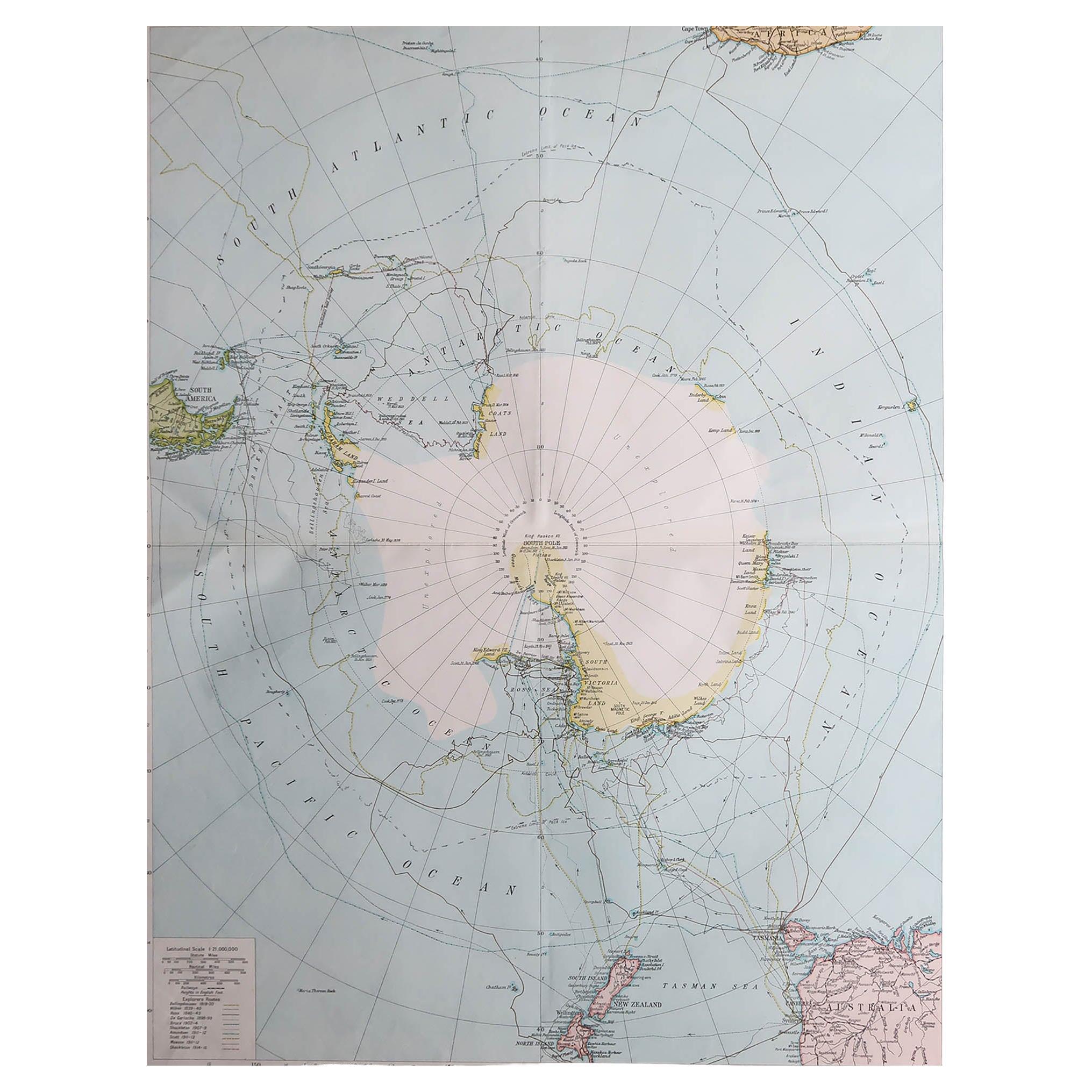Large Original Vintage Map of The South Pole, circa 1920 For Sale