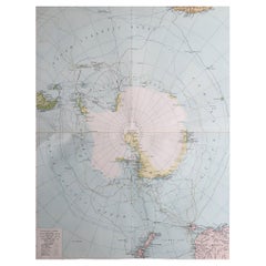 Large Original Vintage Map of The South Pole, circa 1920