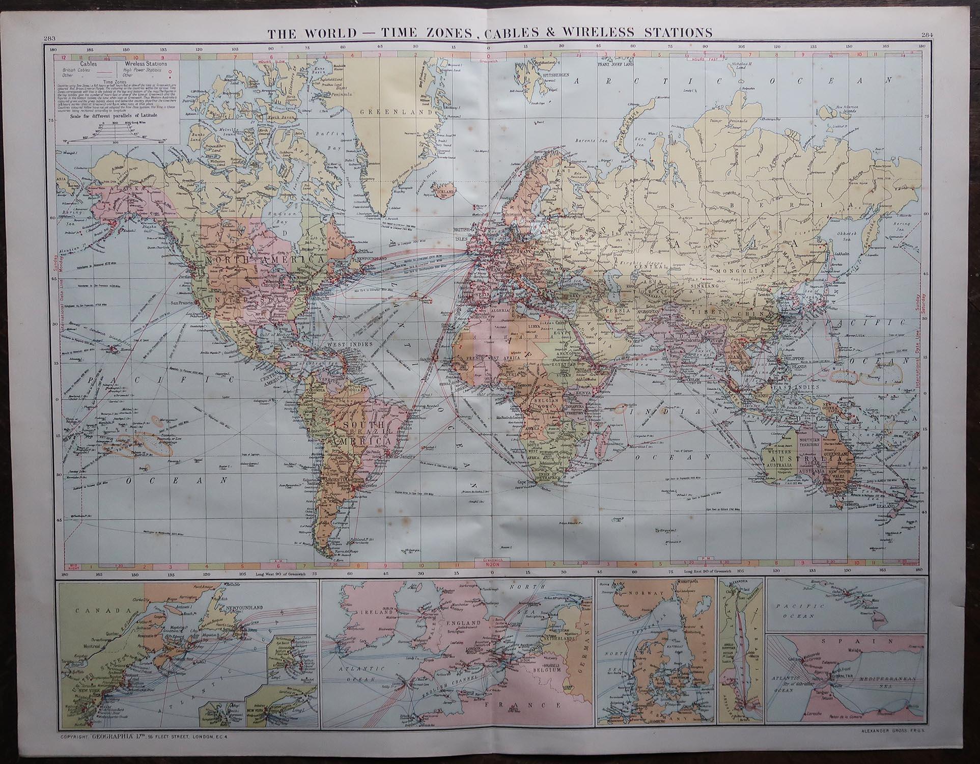 Große Original-Vintage-Karte der Welt, um 1920 (Englisch) im Angebot