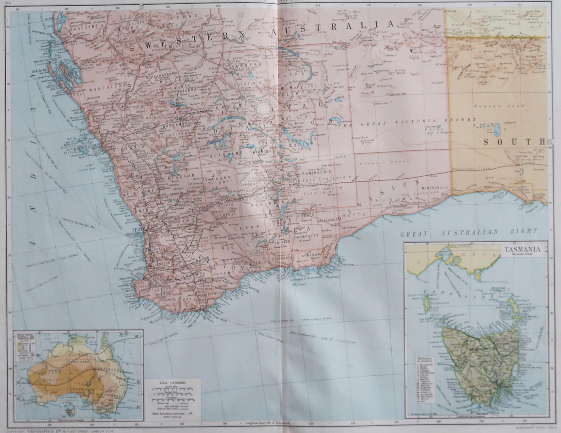 Grande carte de l'Australie occidentale avec une vignette de la Tasmanie.

Couleur originale. 

Bon état 

Publié par Alexander Gross

Non encadré.








