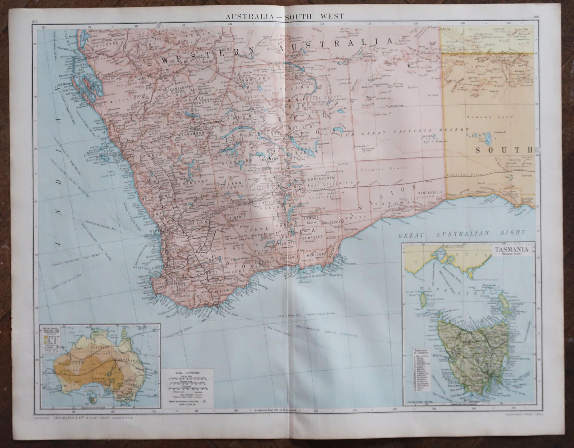 Édouardien Grande carte originale et vintage de l'Australie occidentale, vers 1920 en vente