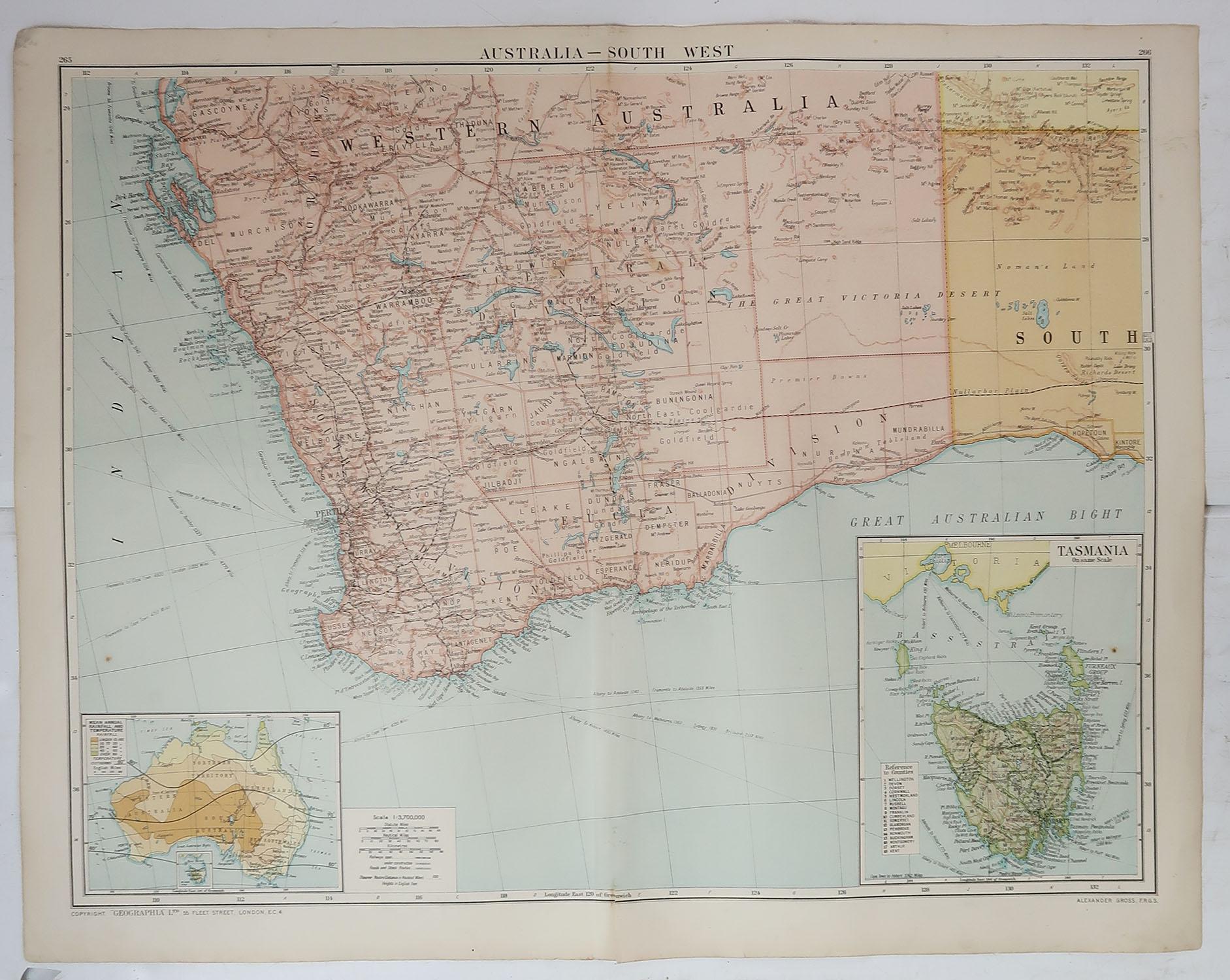 English Large Original Vintage Map of Western Australia, circa 1920