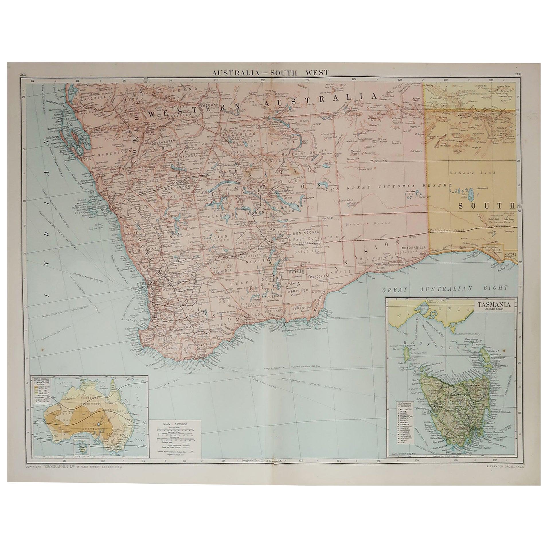 Large Original Vintage Map of Western Australia, circa 1920