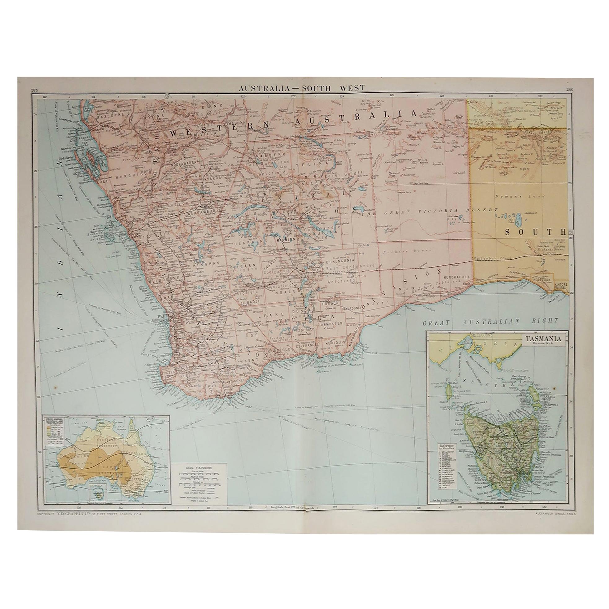 Large Original Vintage Map of Western Australia, circa 1920