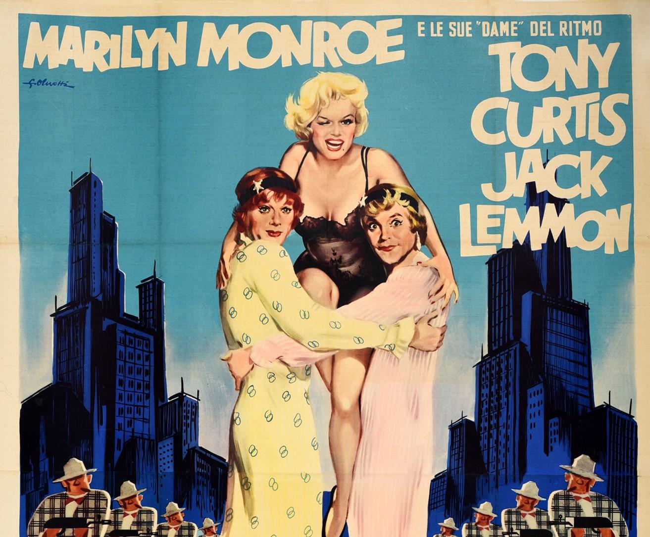 Original vintage Italian 2 panel movie poster for the first release in Italy of the award winning musical comedy film Some Like It Hot / A Qualcuno Piace Caldo directed by Billy Wilder and starring Marilyn Monroe, Tony Curtis and Jack Lemmon. Fun