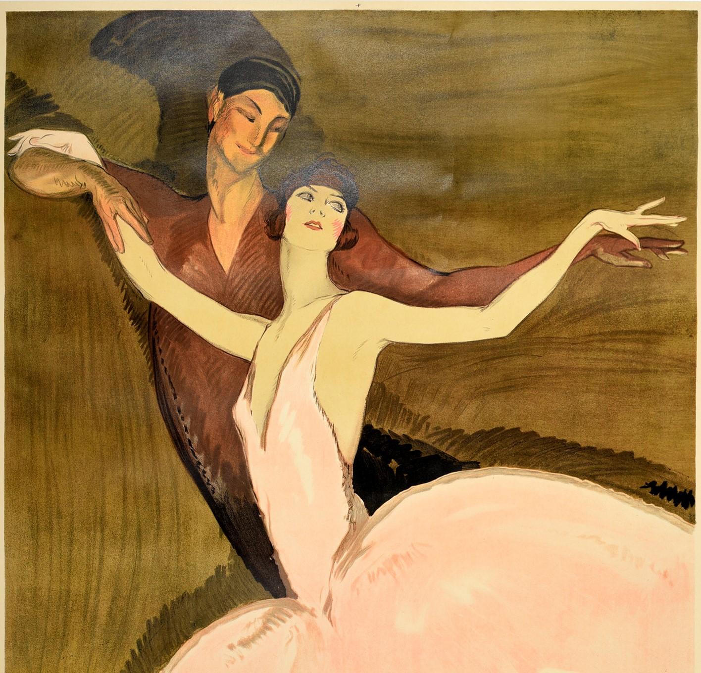 Original vintage ballet dance poster - Emmy Magliani - featuring a great illustration by the French painter Jean-Gabriel Domergue (1889-1962) depicting a man and lady dancing together with the man smiling and looking down at the elegant ballerina in