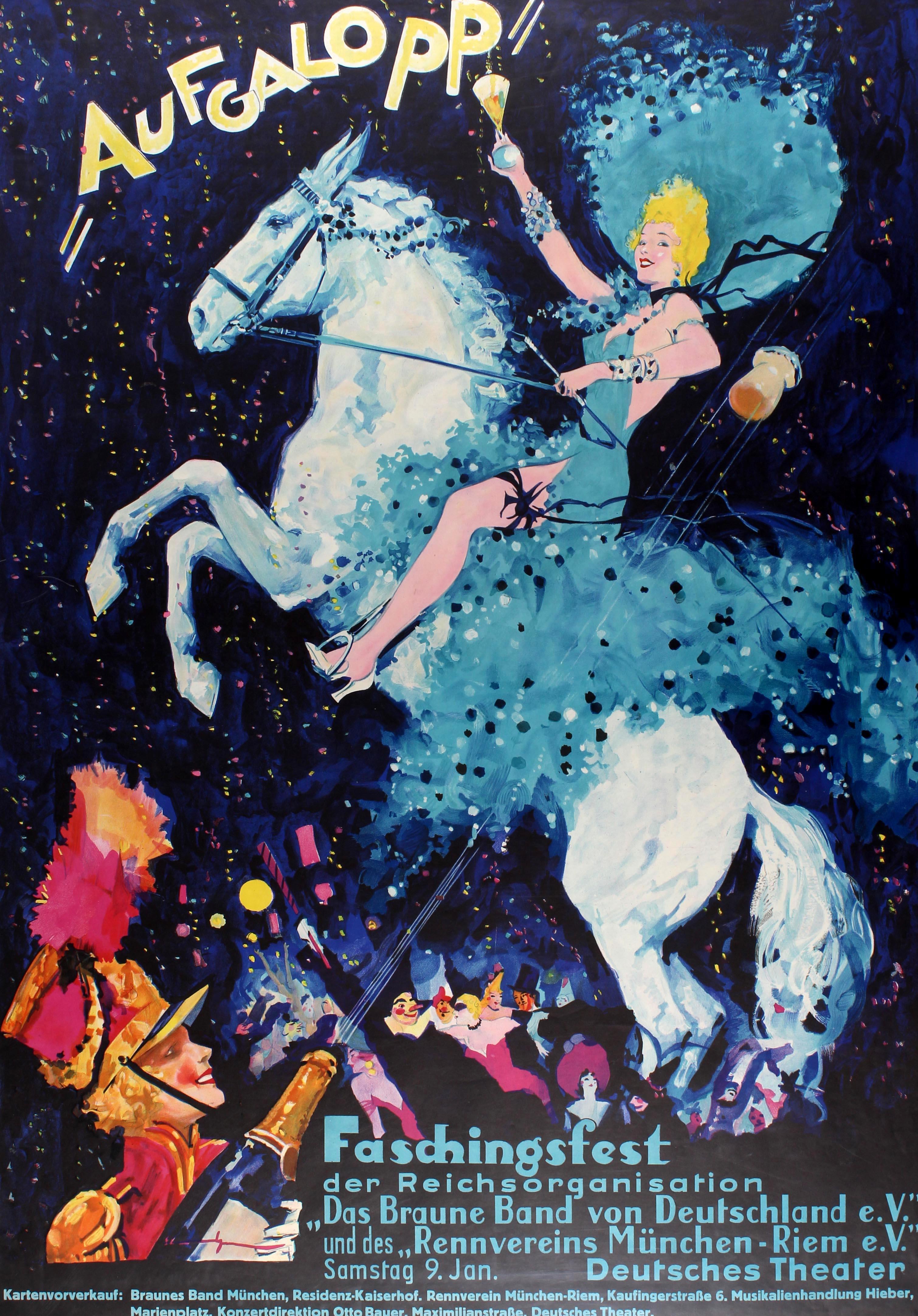 Original-Werbeplakat für das Aufgalopp Faschingsfest am 9. Januar 1937, eine jährliche Veranstaltung des Münchner Rennvereins. Der farbenfrohe, lebendige Entwurf von Ludwig Lutz Ehrenberger (1878-1950) zeigt eine junge Dame in blauem Kleid und Hut,