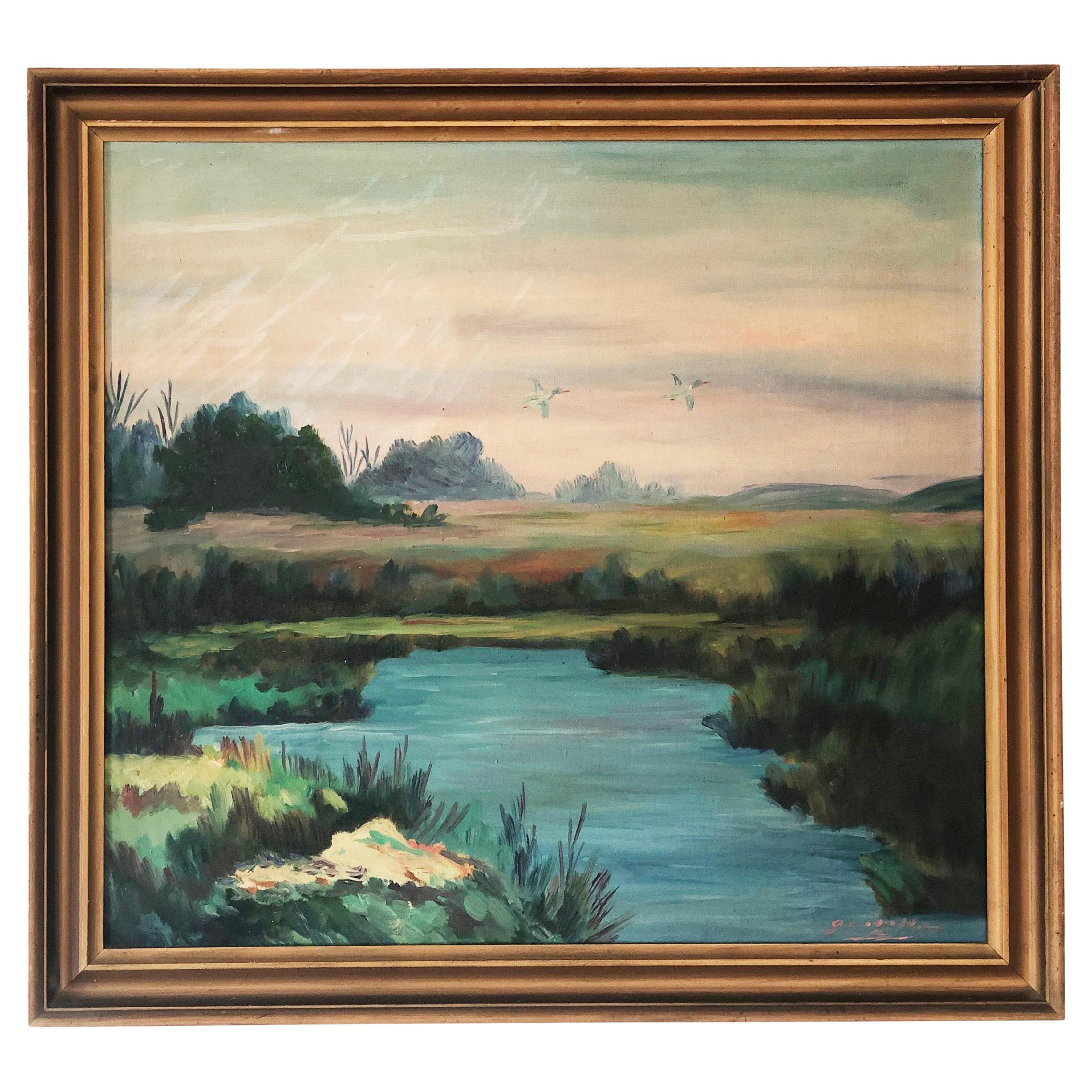 Großes Original Vintage Flusslandschaft Ölgemälde, circa. 1960