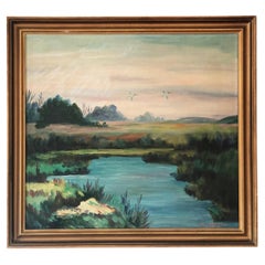Großes Original Vintage Flusslandschaft Ölgemälde, circa. 1960