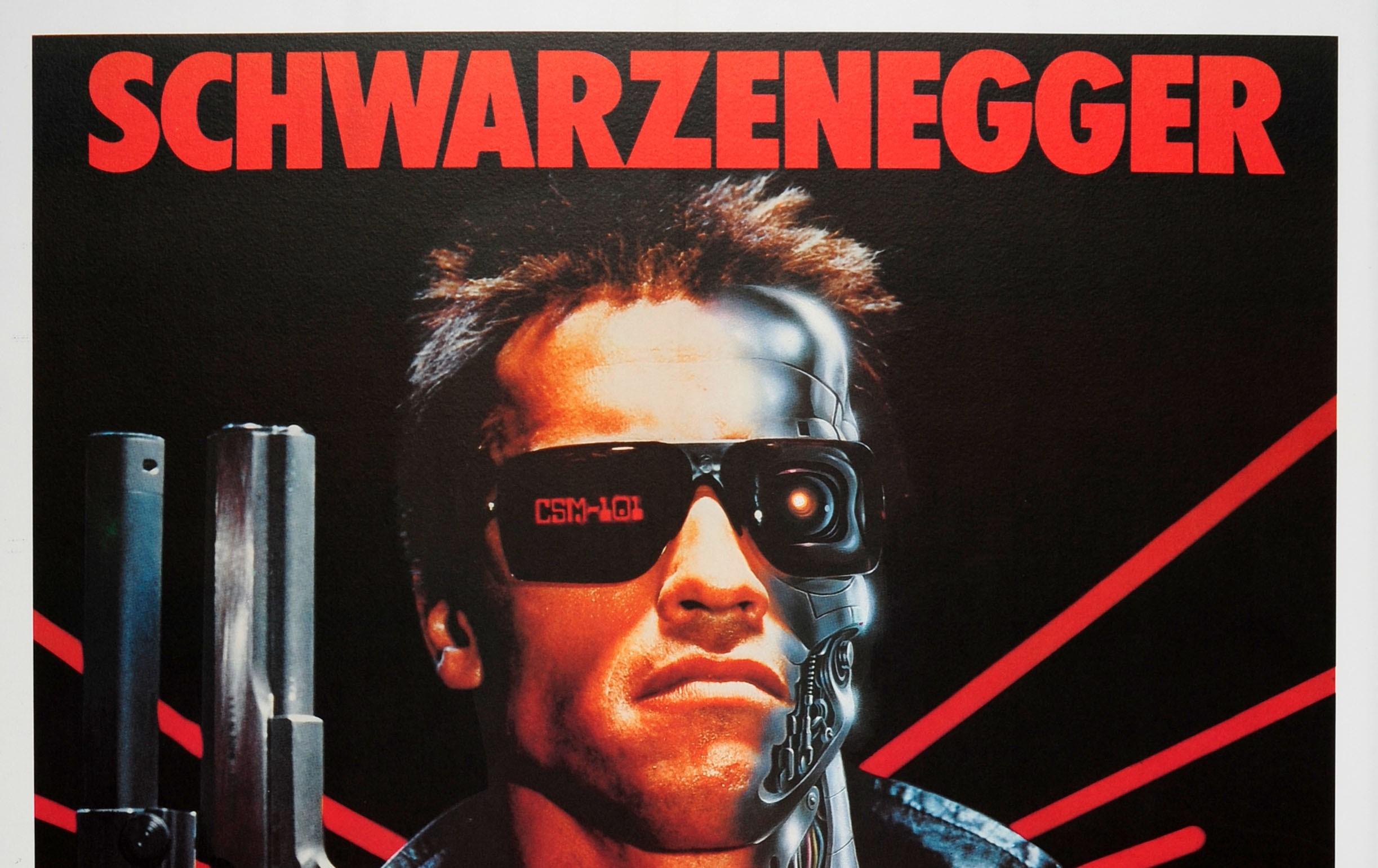 Original-Filmplakat für den italienischen Kinostart 1985 des amerikanischen Science-Fiction-Films The Terminator von 1984 unter der Regie von James Cameron mit Arnold Schwarzenegger in der Hauptrolle, Michael Biehn, Linda Hamilton als Sarah Connor