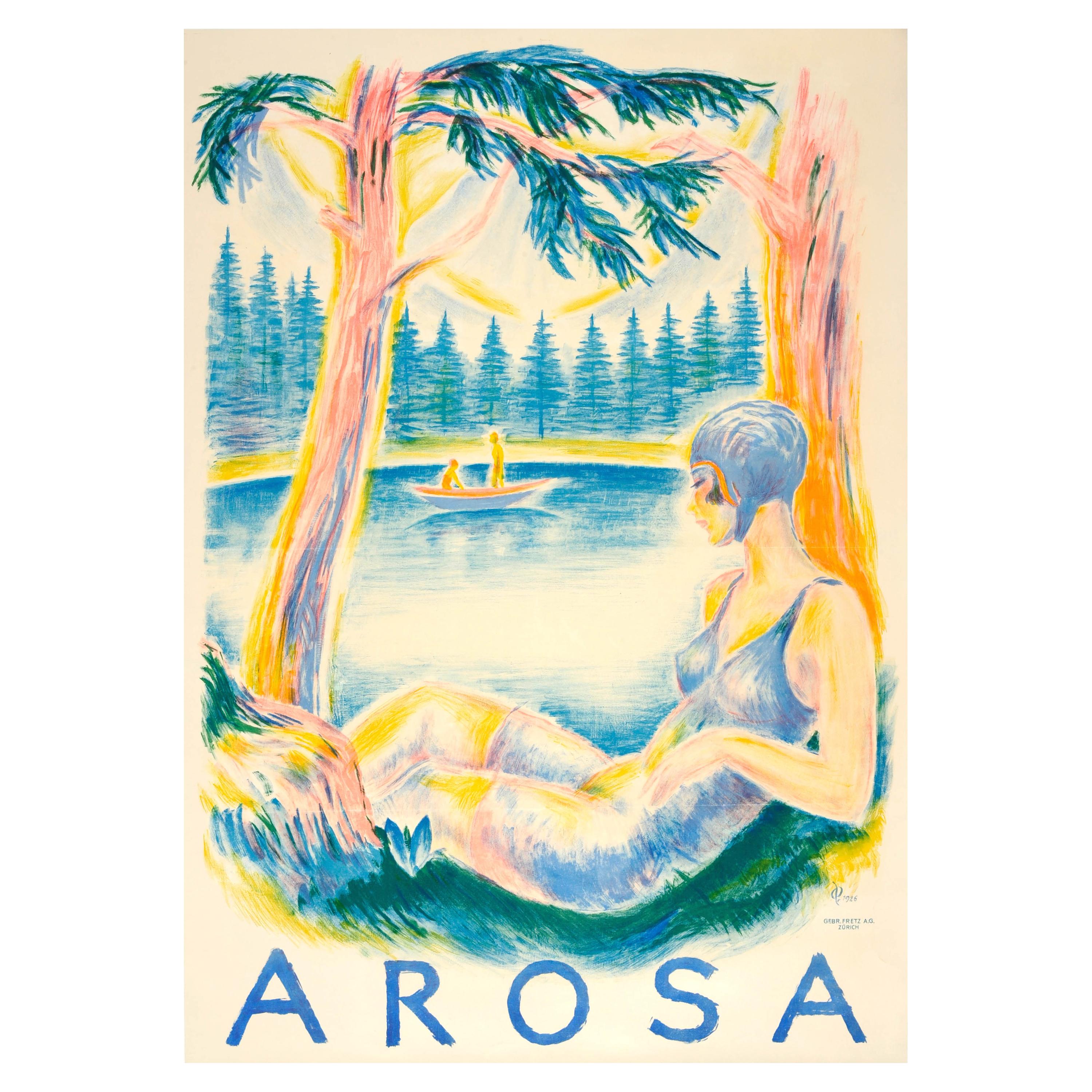 Grande affiche de voyage suisse originale d'Arosa avec vue sur le lac en été par Hugo Laubi