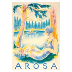 Grande poster di viaggio originale svizzero d'epoca Arosa vista lago estivo di Hugo Laubi