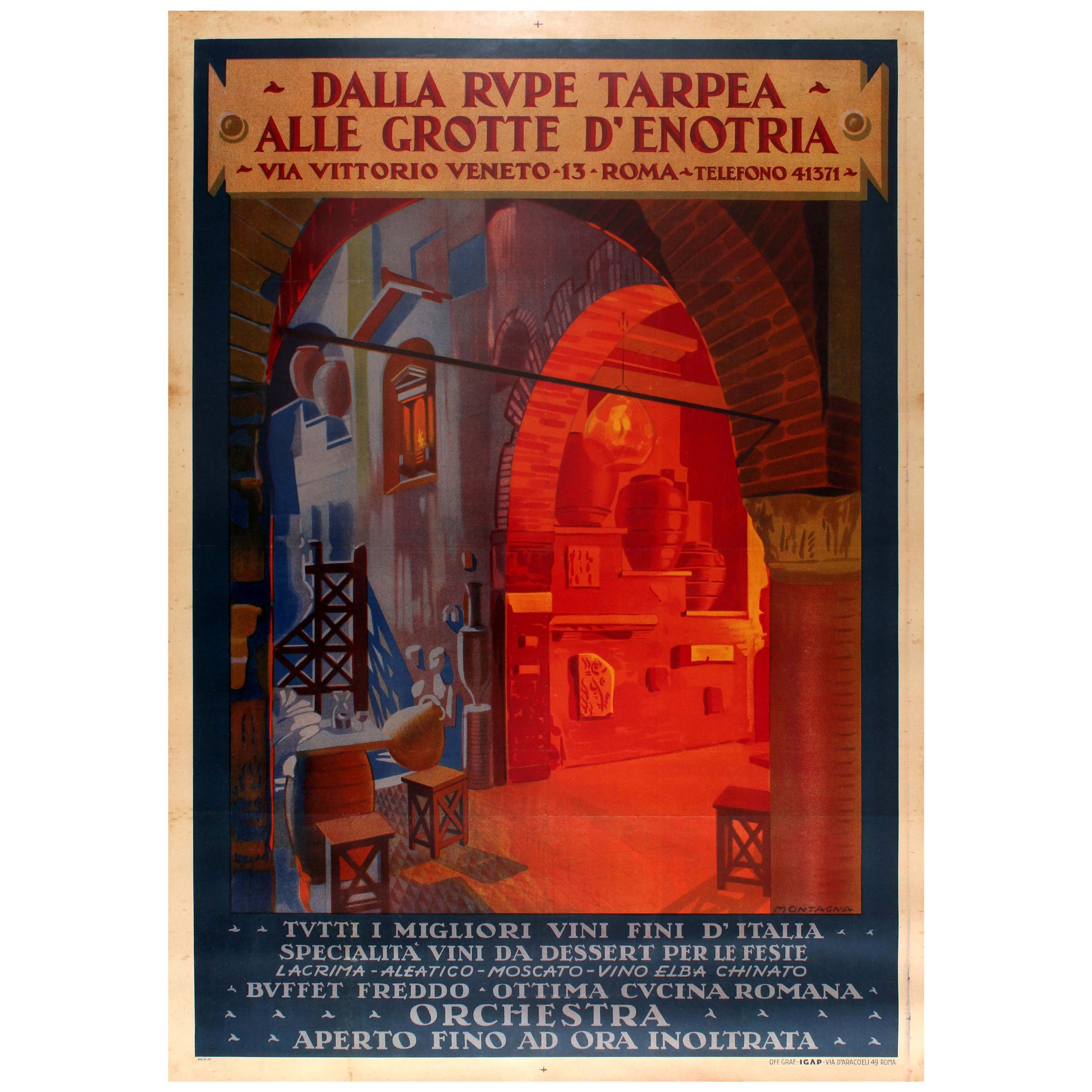 Large Original Vintage Wine Restaurant Poster for Dalla Rupe Tarpea Enotria Rome