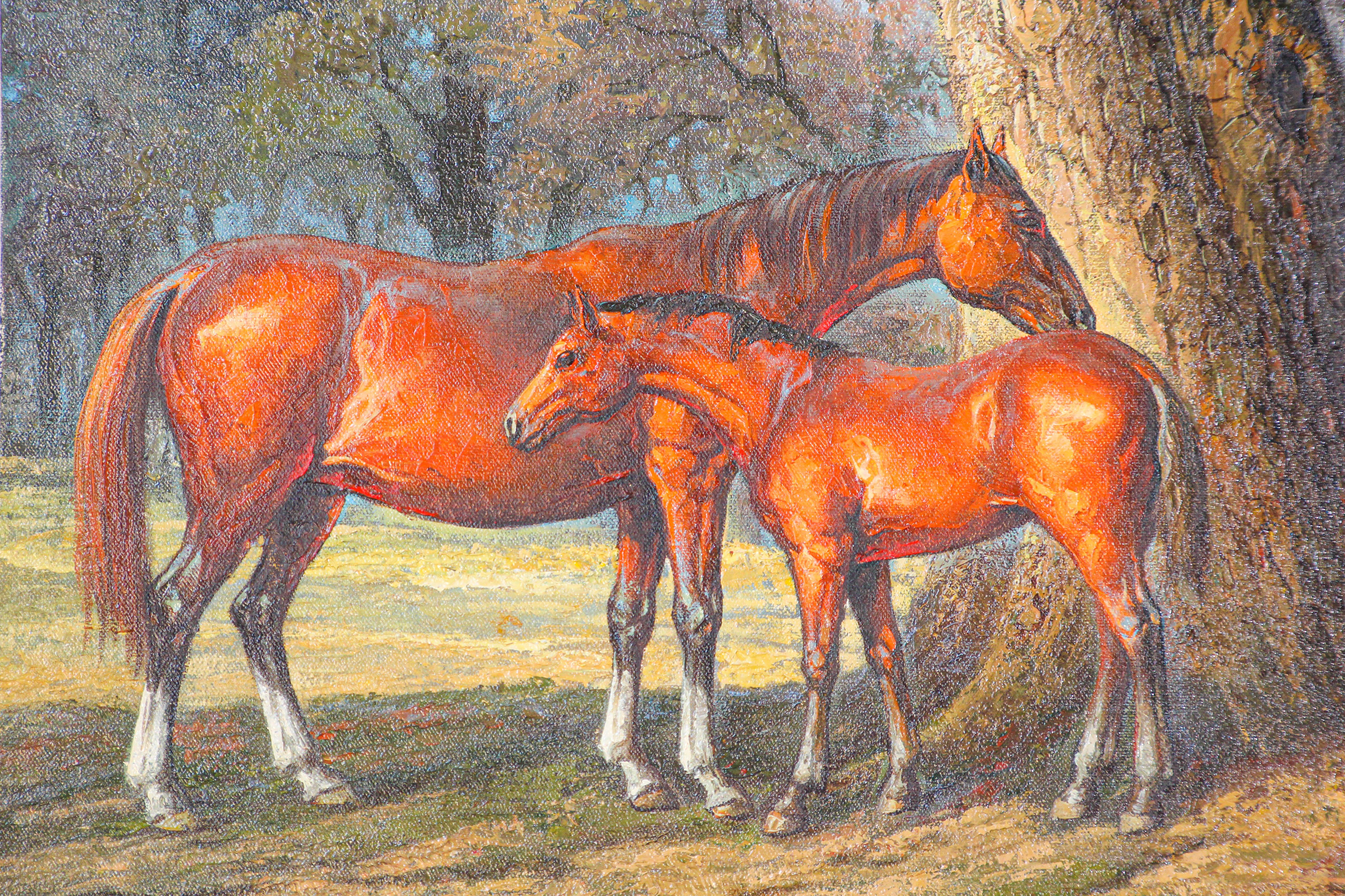 20th Century Large Original Wild Mustangs Horses Oil Painting