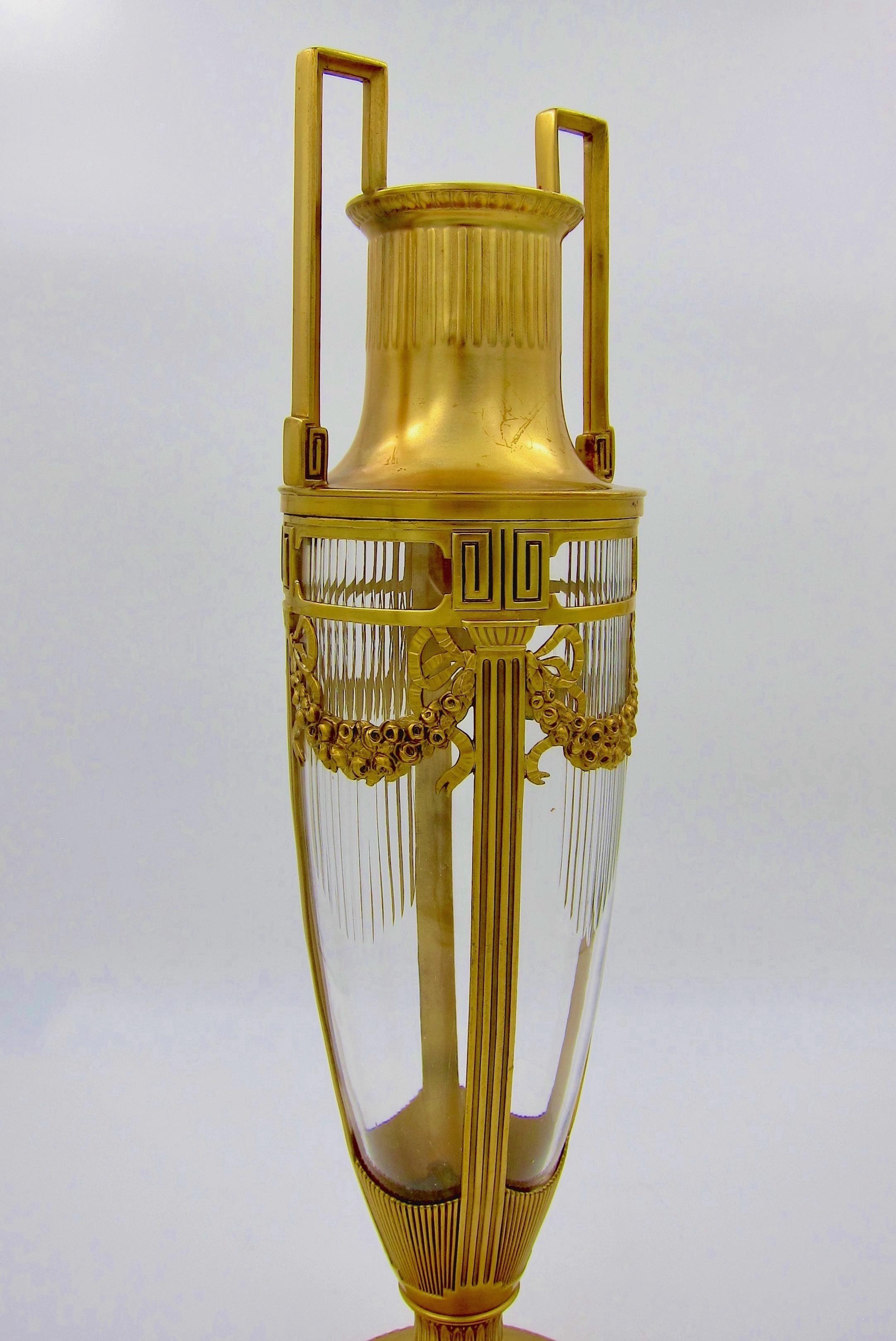 German Large Orivit Gilt Metal Mounted Cut Crystal Vase in Neoclassical Style