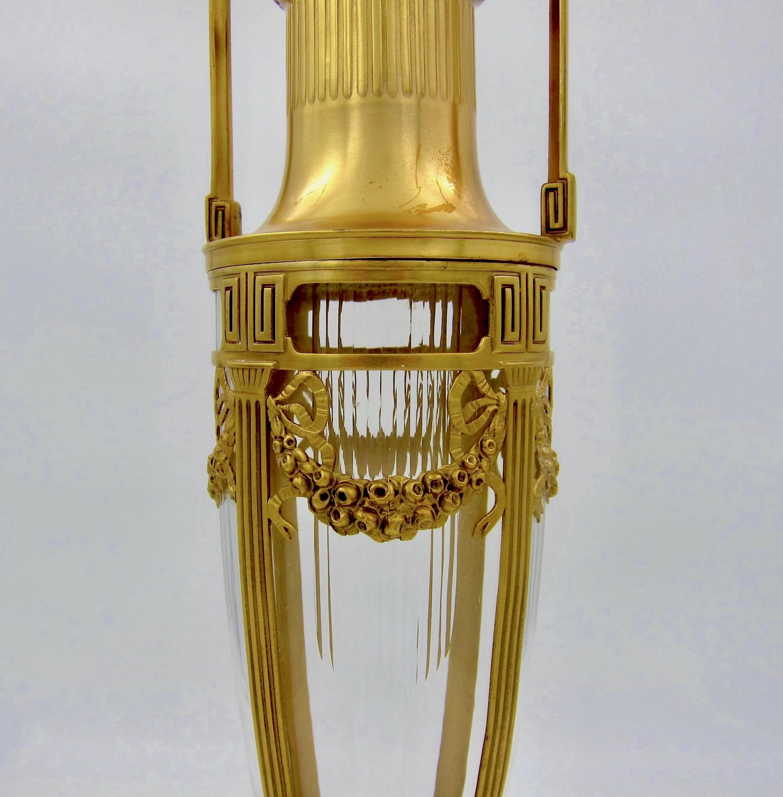 Large Orivit Gilt Metal Mounted Cut Crystal Vase in Neoclassical Style In Good Condition In Los Angeles, CA