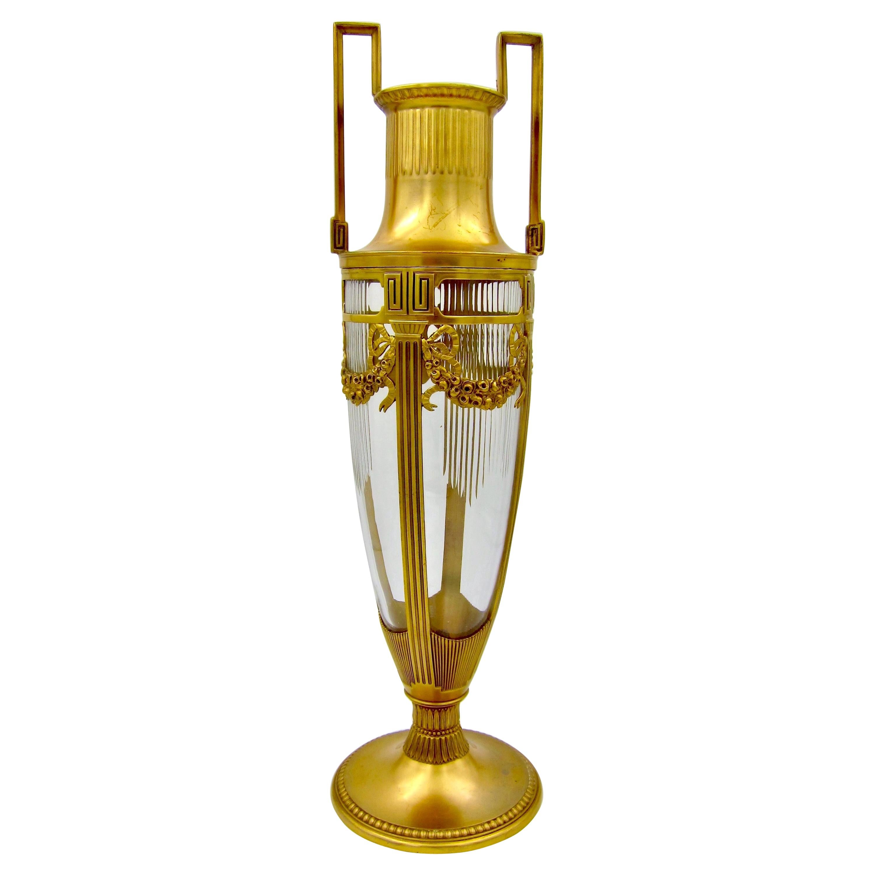Large Orivit Gilt Metal Mounted Cut Crystal Vase in Neoclassical Style