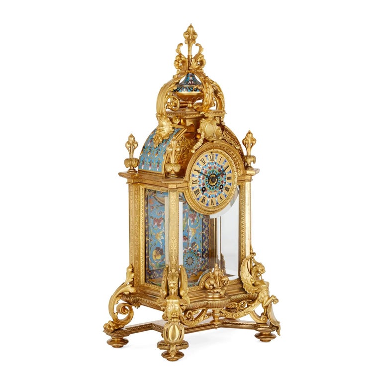 Belle Époque Large Ormolu and Cloisonné Enamel three piece clock set For Sale