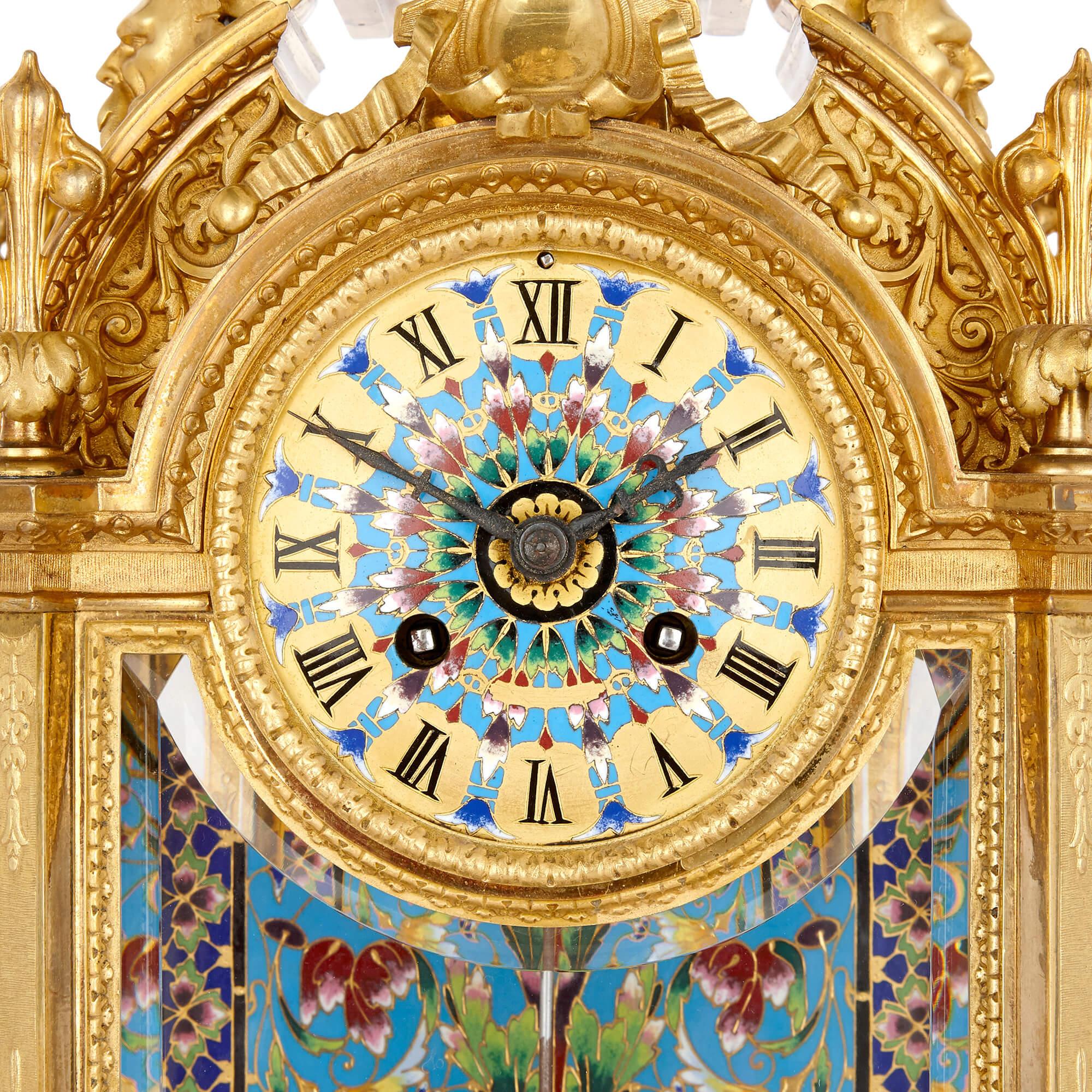 French Large Ormolu and Cloisonné Enamel three piece clock set For Sale