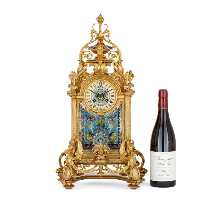 Large Ormolu and Cloisonné Enamel three piece clock set For Sale 2