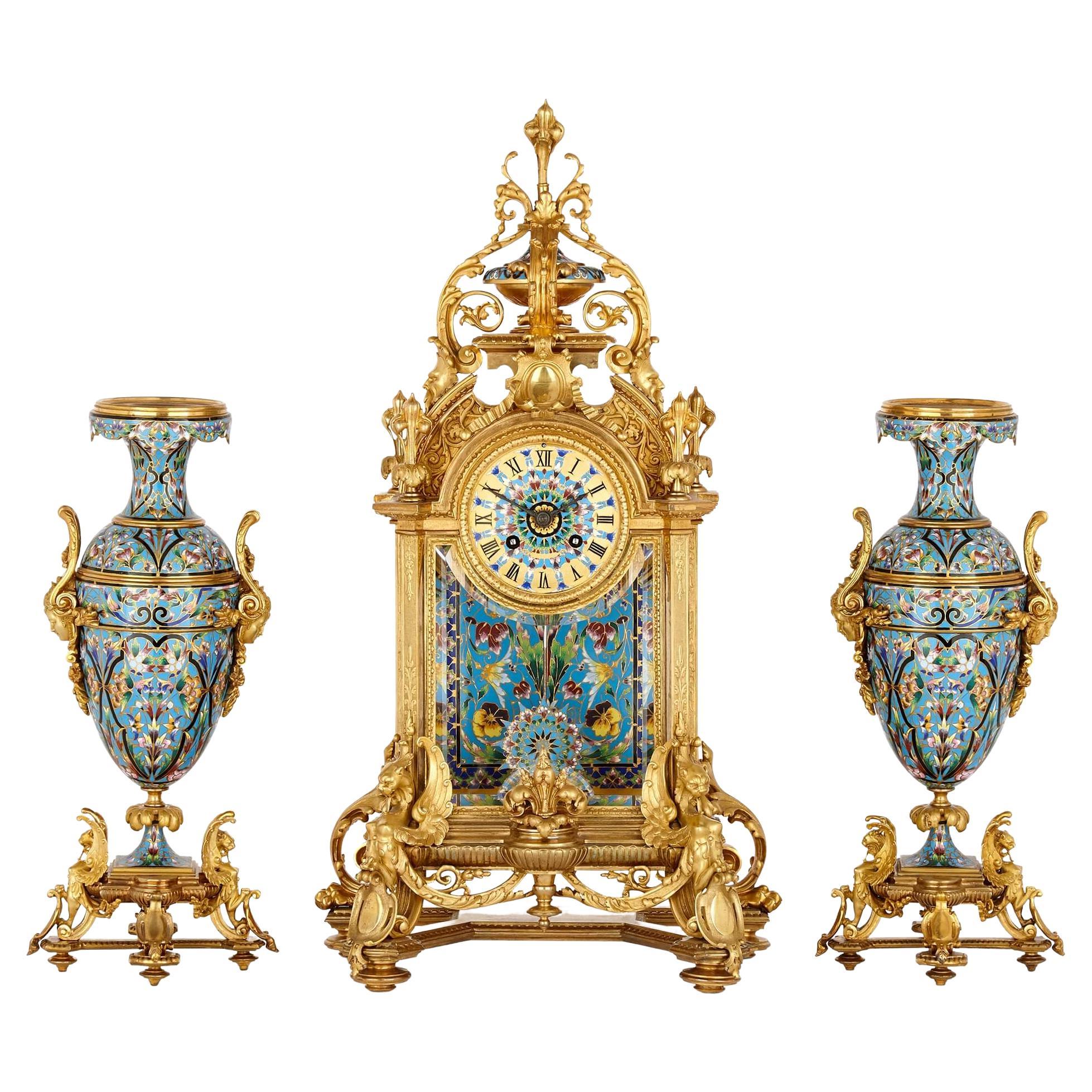 Large Ormolu and Cloisonné Enamel three piece clock set