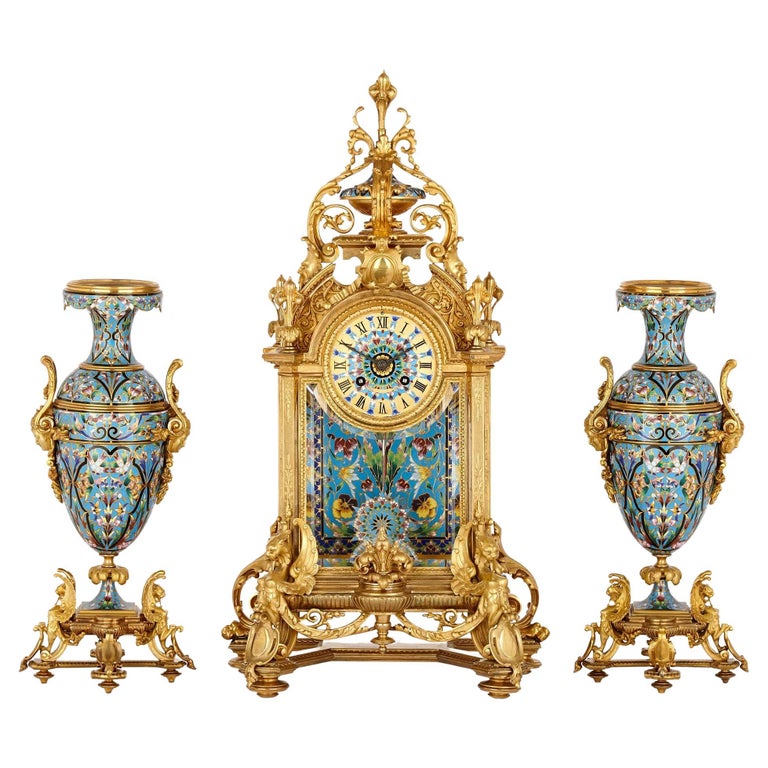 Large Ormolu and Cloisonné Enamel three piece clock set For Sale