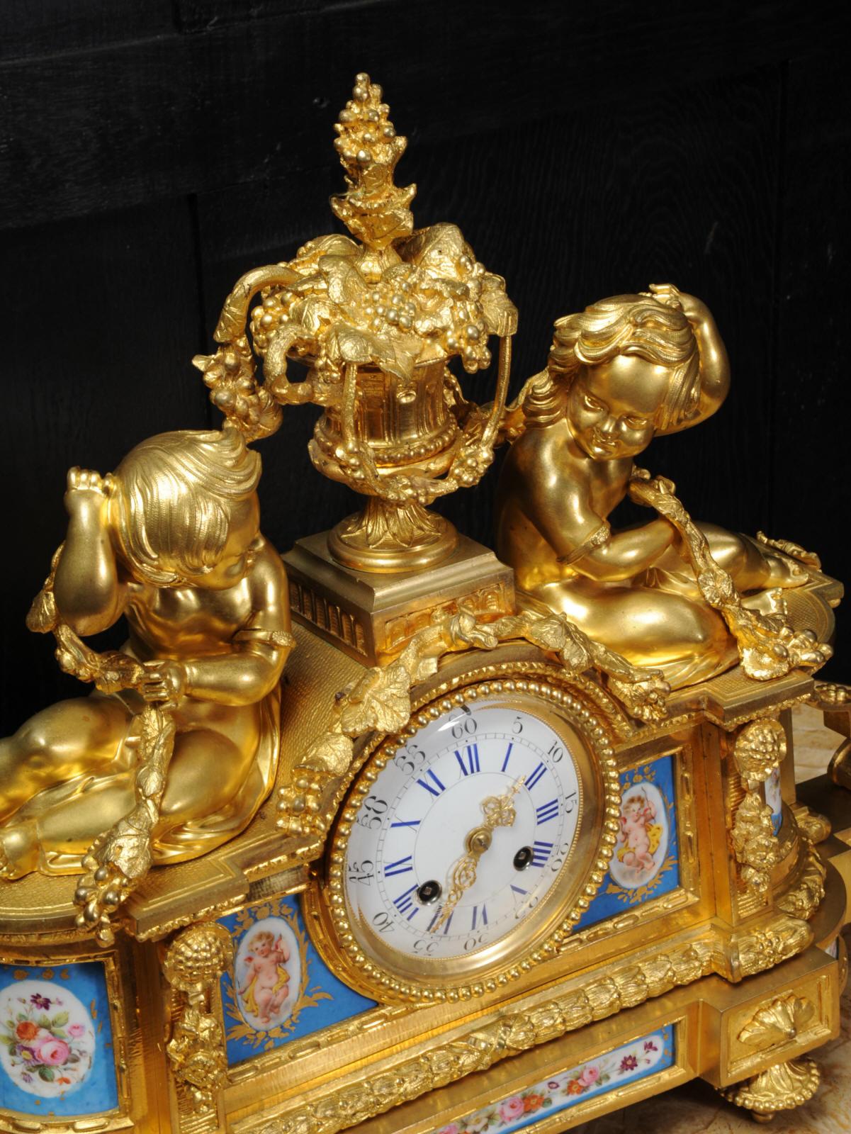 Large Ormolu and Sèvres Porcelain Antique French Clock, Wine Grapes Cherubs 5