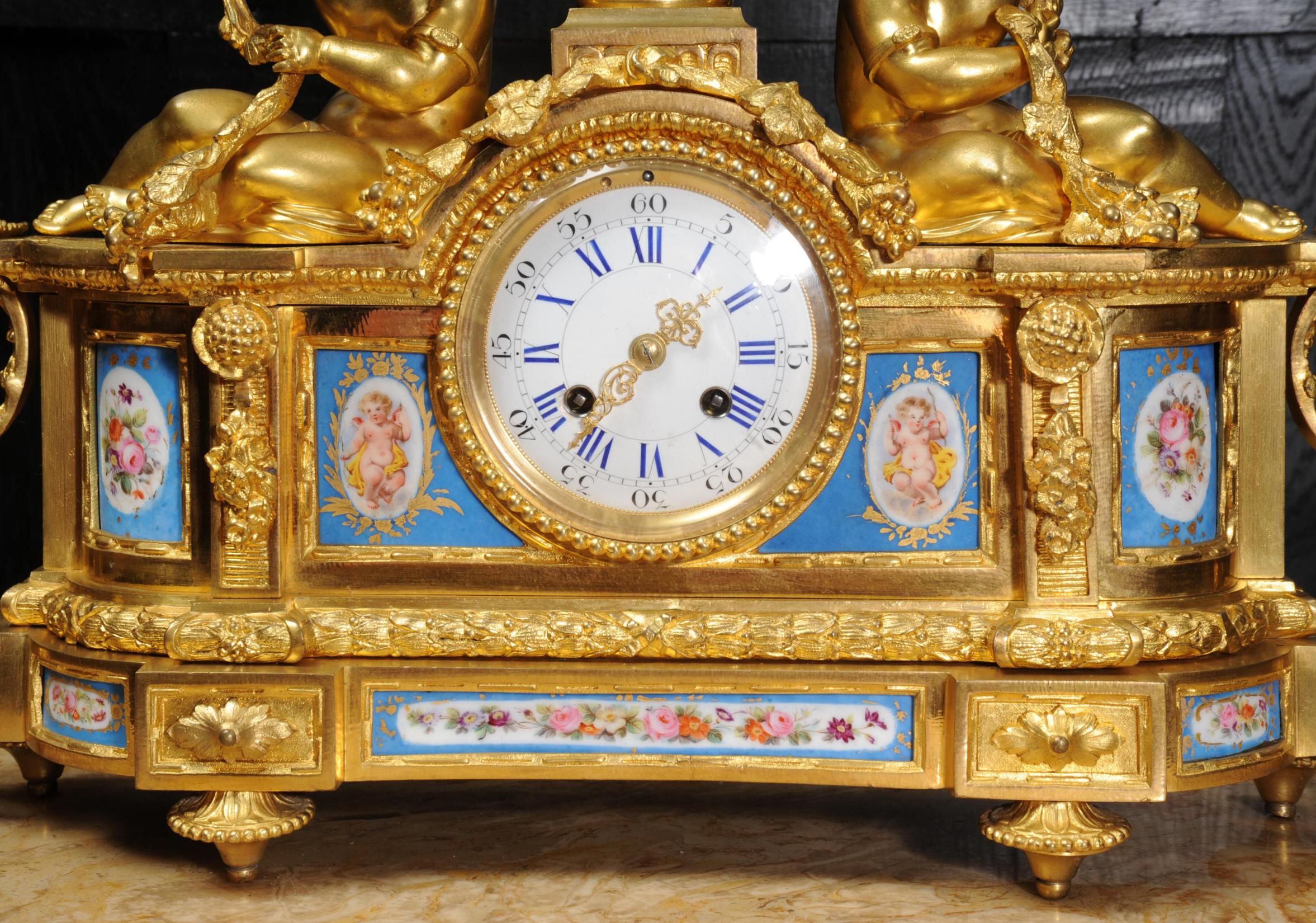 Large Ormolu and Sèvres Porcelain Antique French Clock, Wine Grapes Cherubs 6