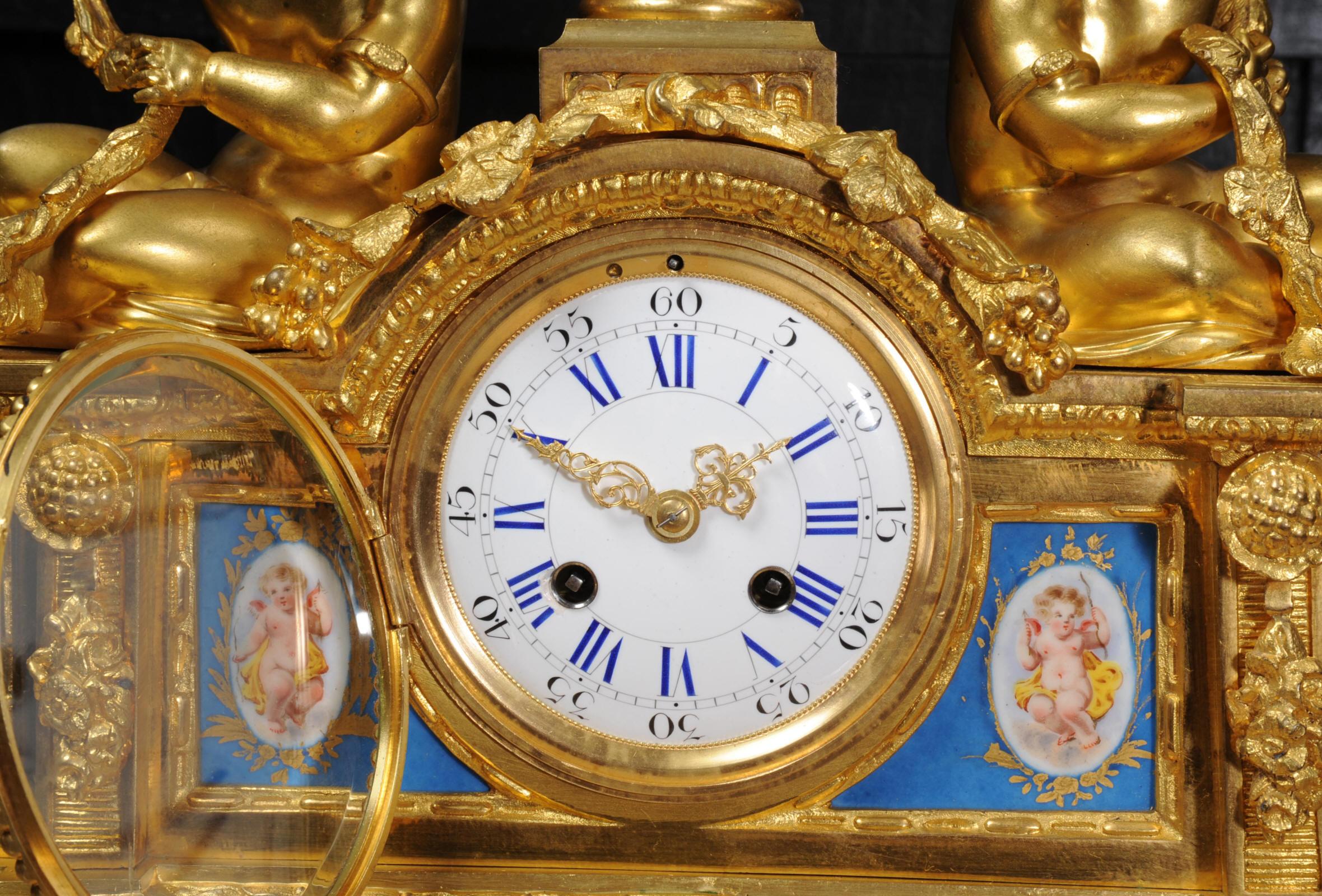 Large Ormolu and Sèvres Porcelain Antique French Clock, Wine Grapes Cherubs 11