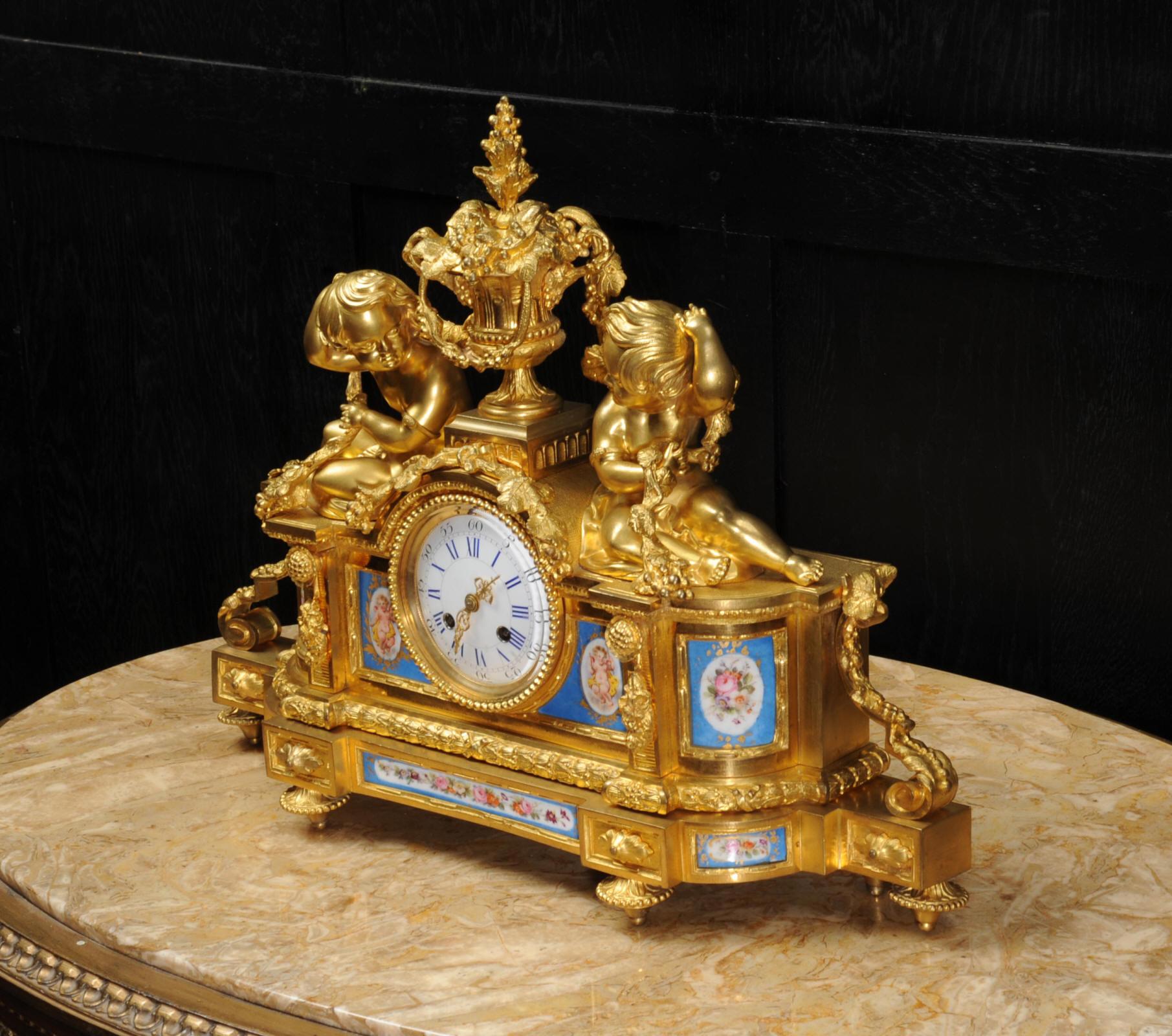 Large Ormolu and Sèvres Porcelain Antique French Clock, Wine Grapes Cherubs In Excellent Condition In Belper, Derbyshire