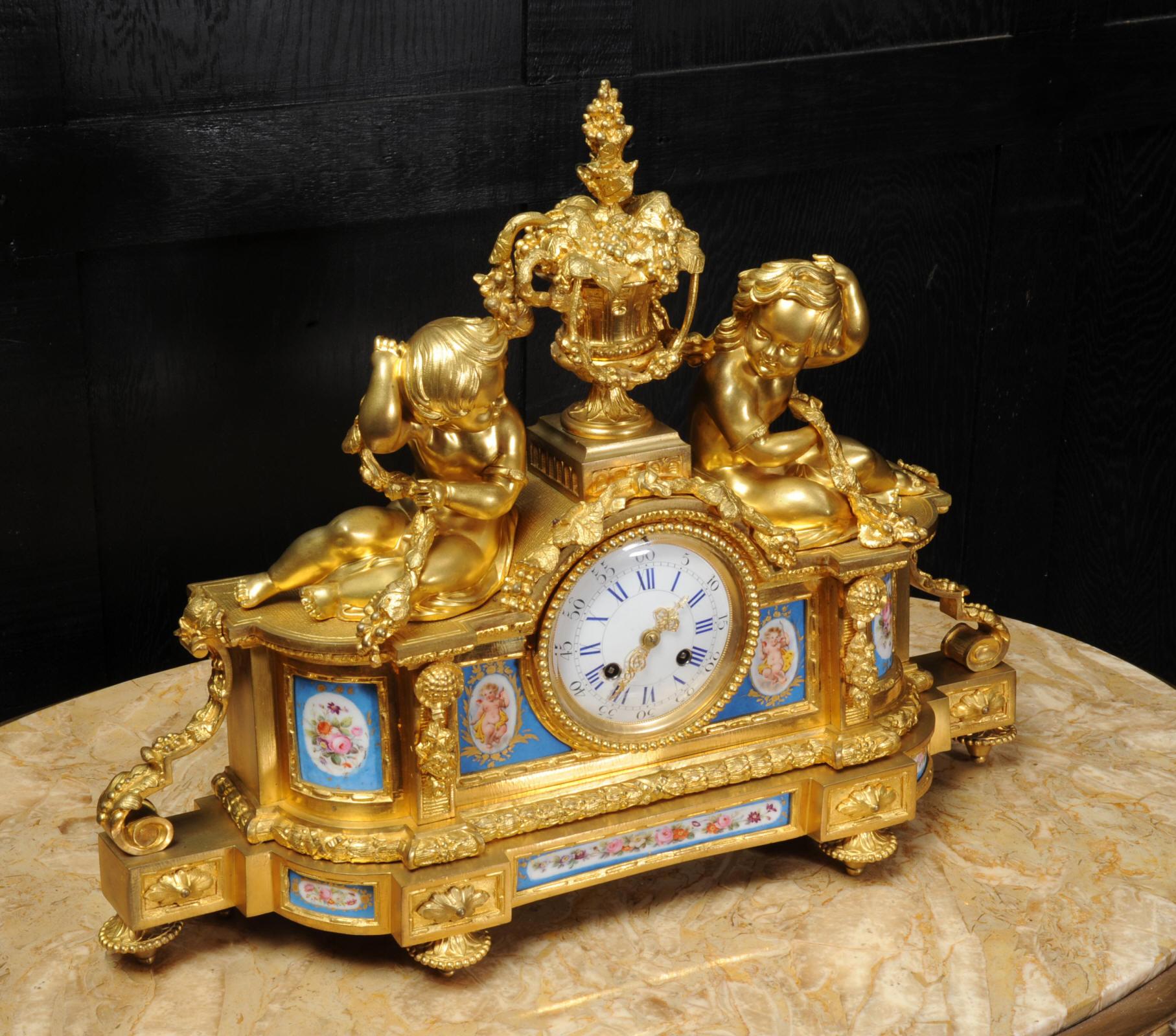 19th Century Large Ormolu and Sèvres Porcelain Antique French Clock, Wine Grapes Cherubs