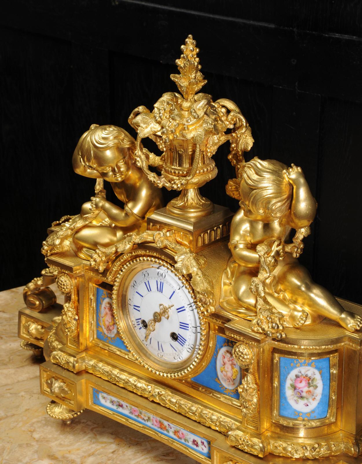 Large Ormolu and Sèvres Porcelain Antique French Clock, Wine Grapes Cherubs 3