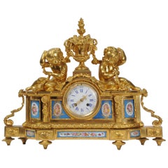 Large Ormolu and Sèvres Porcelain Antique French Clock, Wine Grapes Cherubs