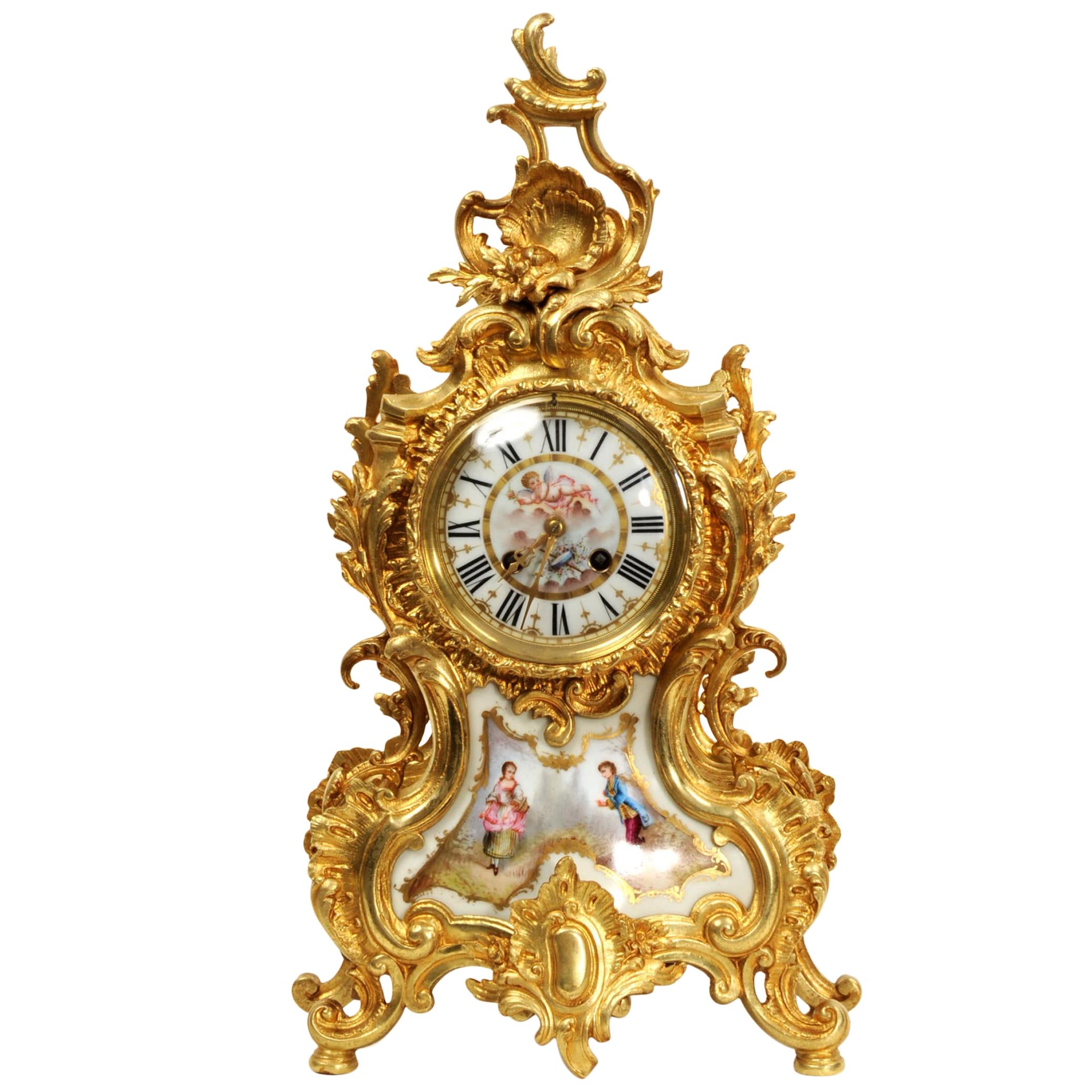 Large Ormolu and Sevres Porcelain Antique French Rococo Clock