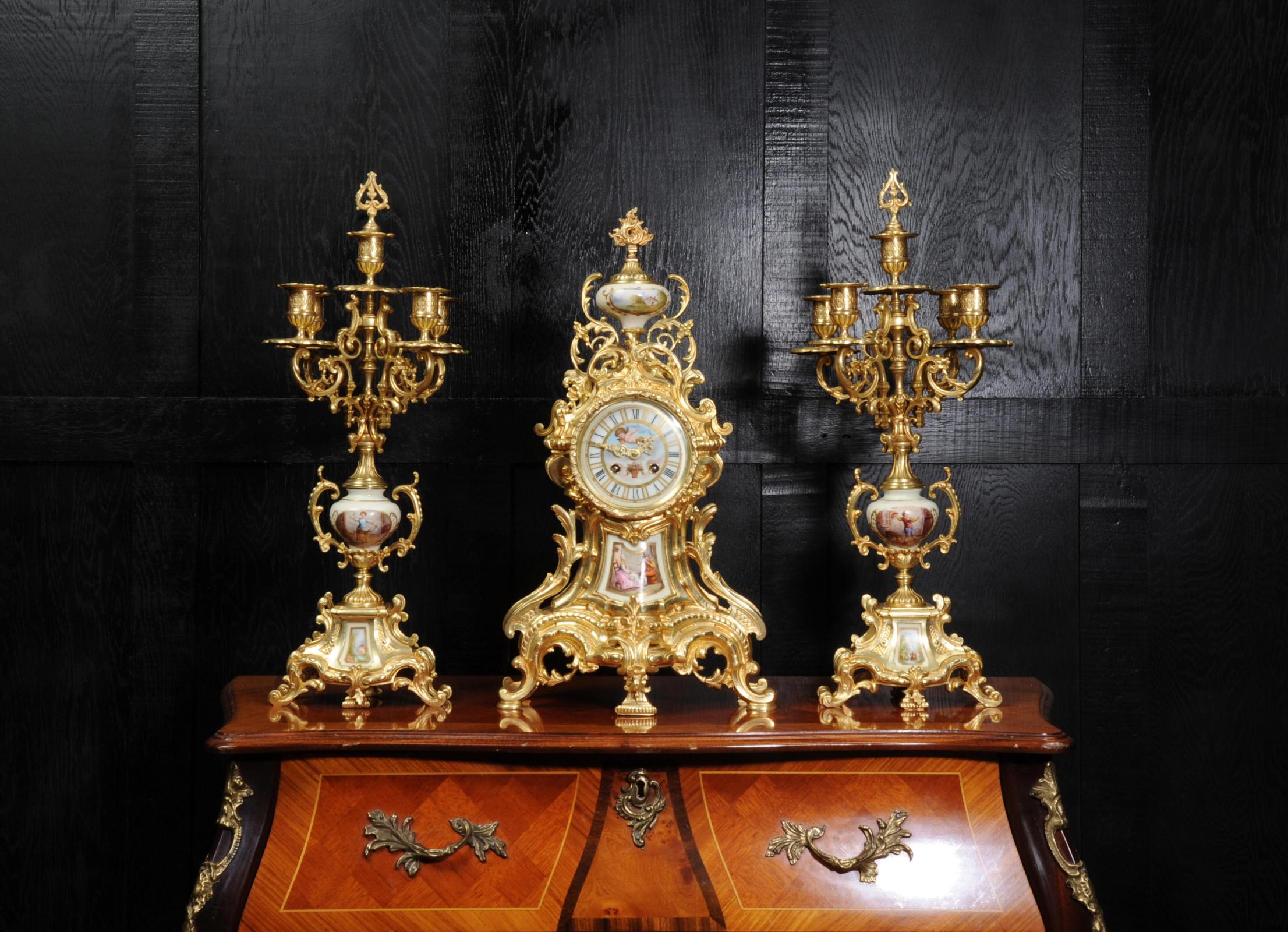 French Large Ormolu and Sèvres Porcelain Rococo Antique Clock Set