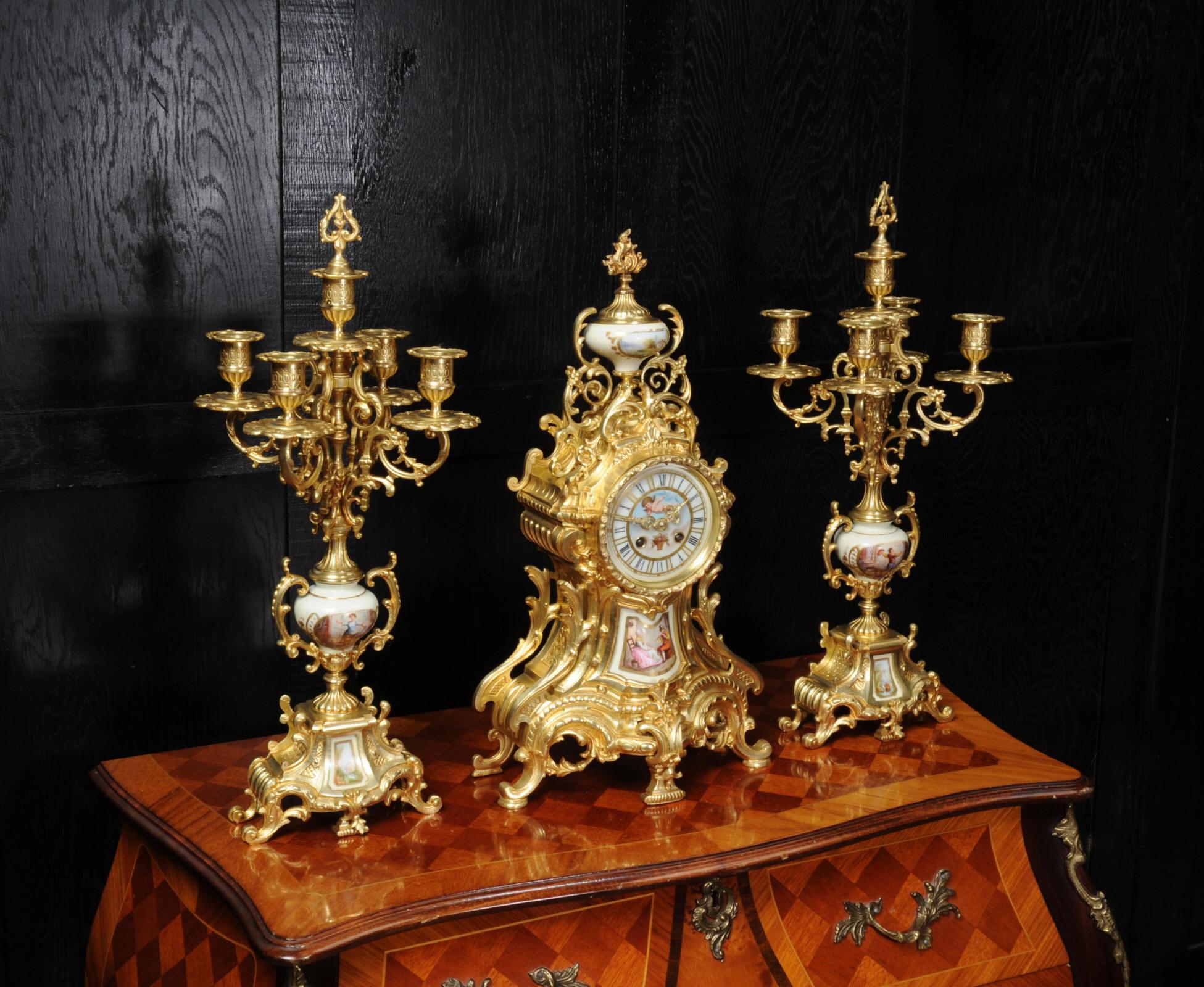 Painted Large Ormolu and Sèvres Porcelain Rococo Antique Clock Set